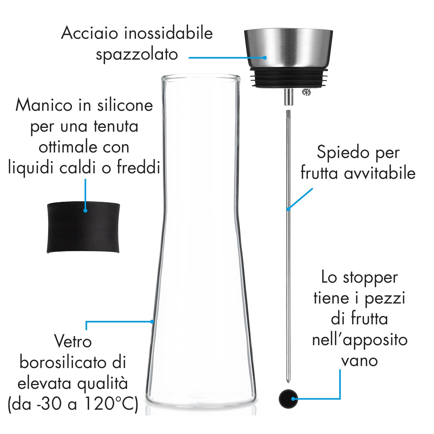 Sile, caraffa, 1 litro, vetro borosilicato, spiedino per frutta con tappo finale 