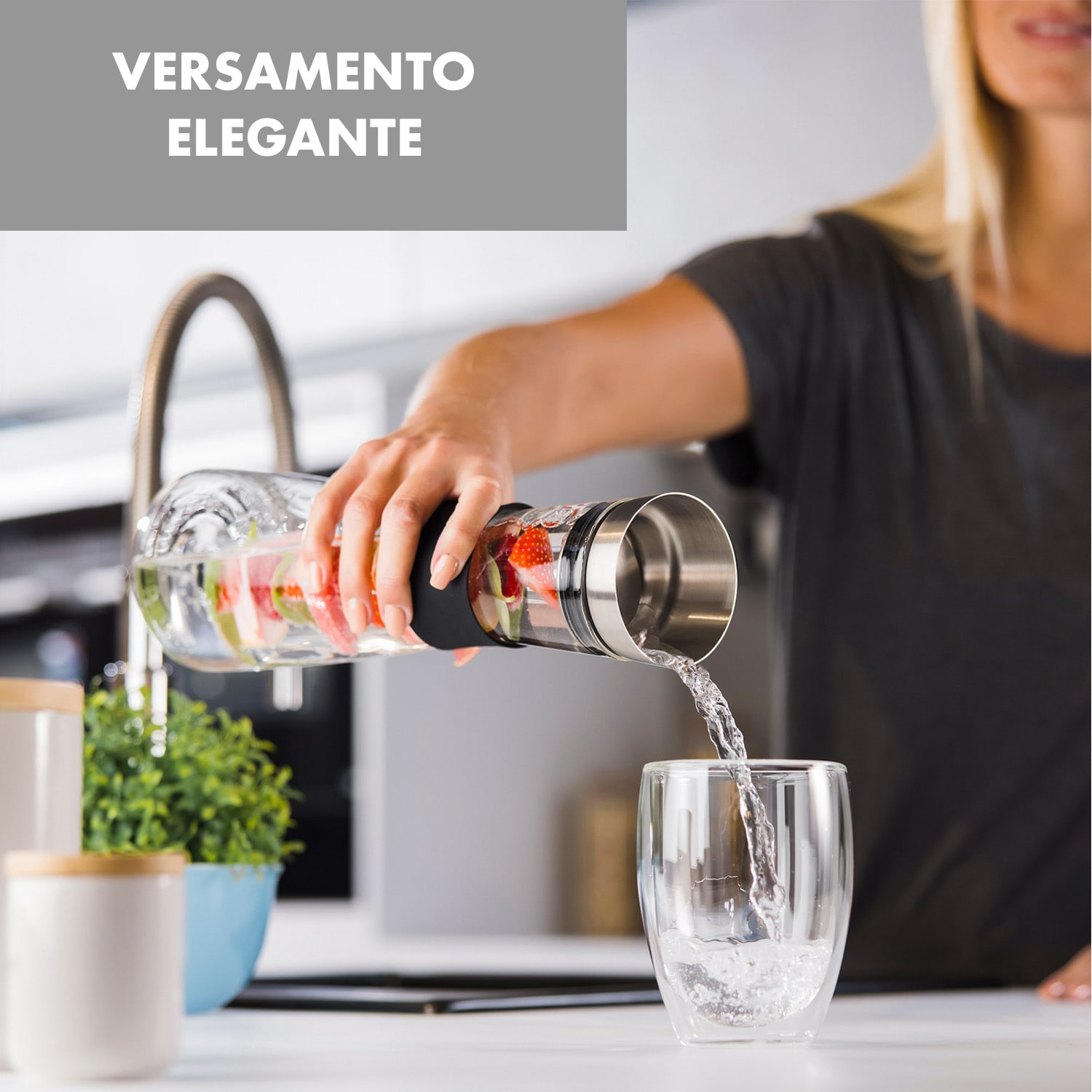 Sile, caraffa, 1 litro, vetro borosilicato, spiedino per frutta con tappo finale 