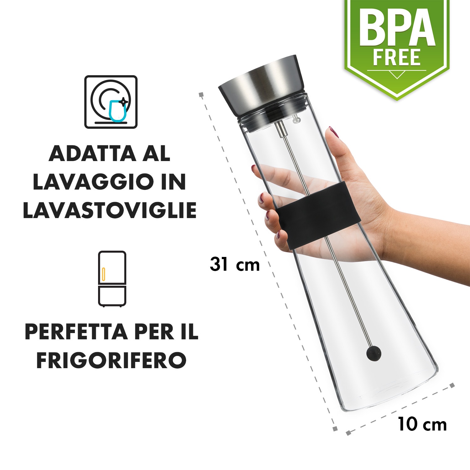 Sile, caraffa, 1 litro, vetro borosilicato, spiedino per frutta con tappo finale 