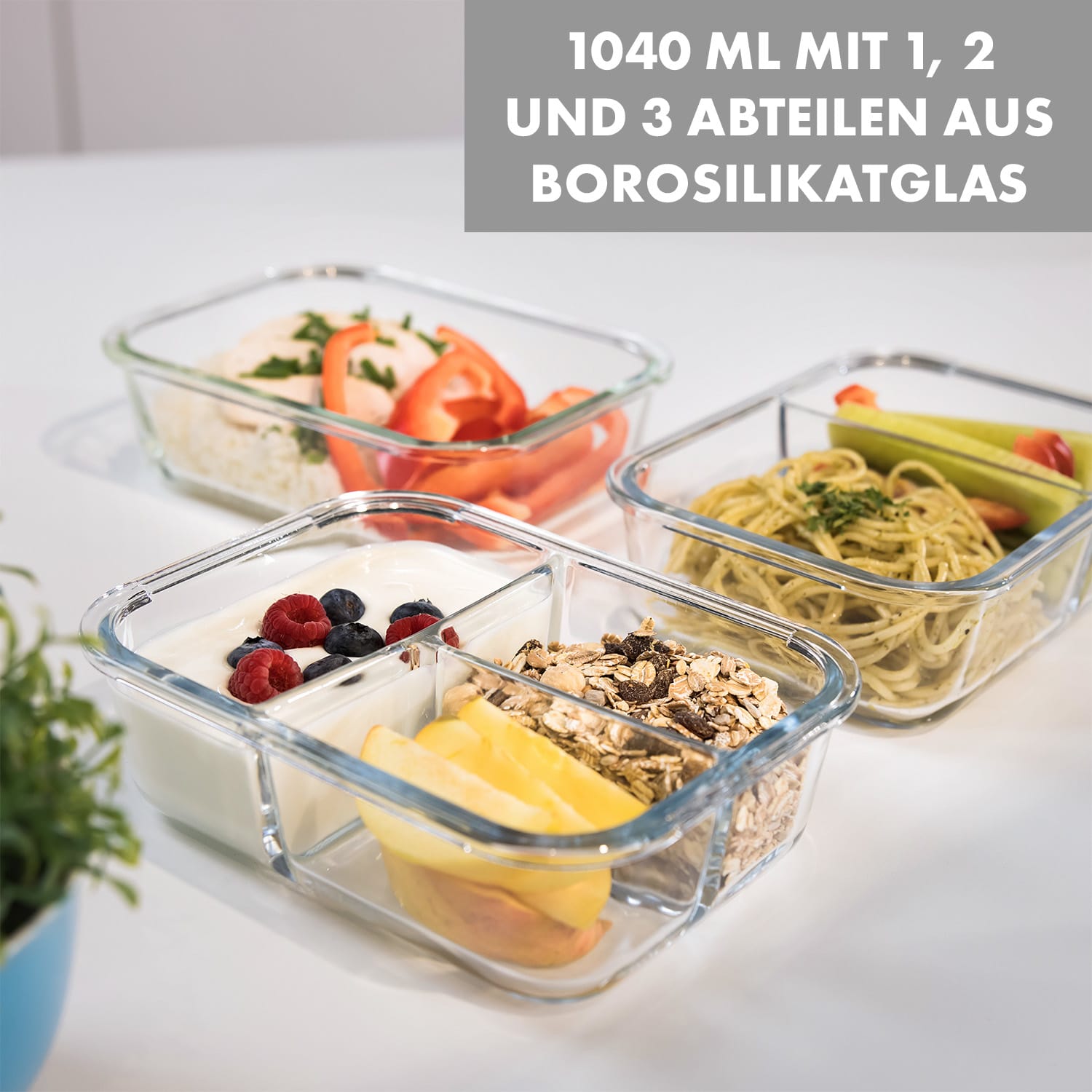 Hopewell Frischhaltedosen 3er Set 1040ml Borosilikatglas Deckel Tasche