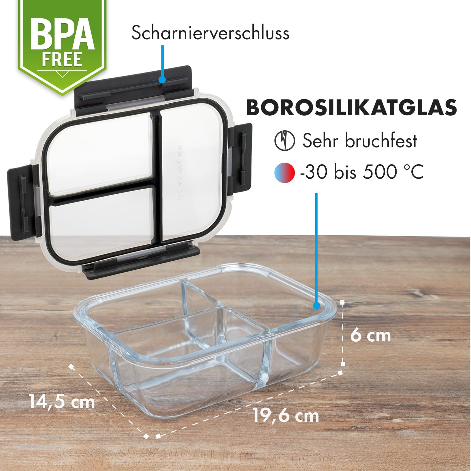 Hopewell Frischhaltedosen 3er Set 1040ml Borosilikatglas Deckel Tasche 