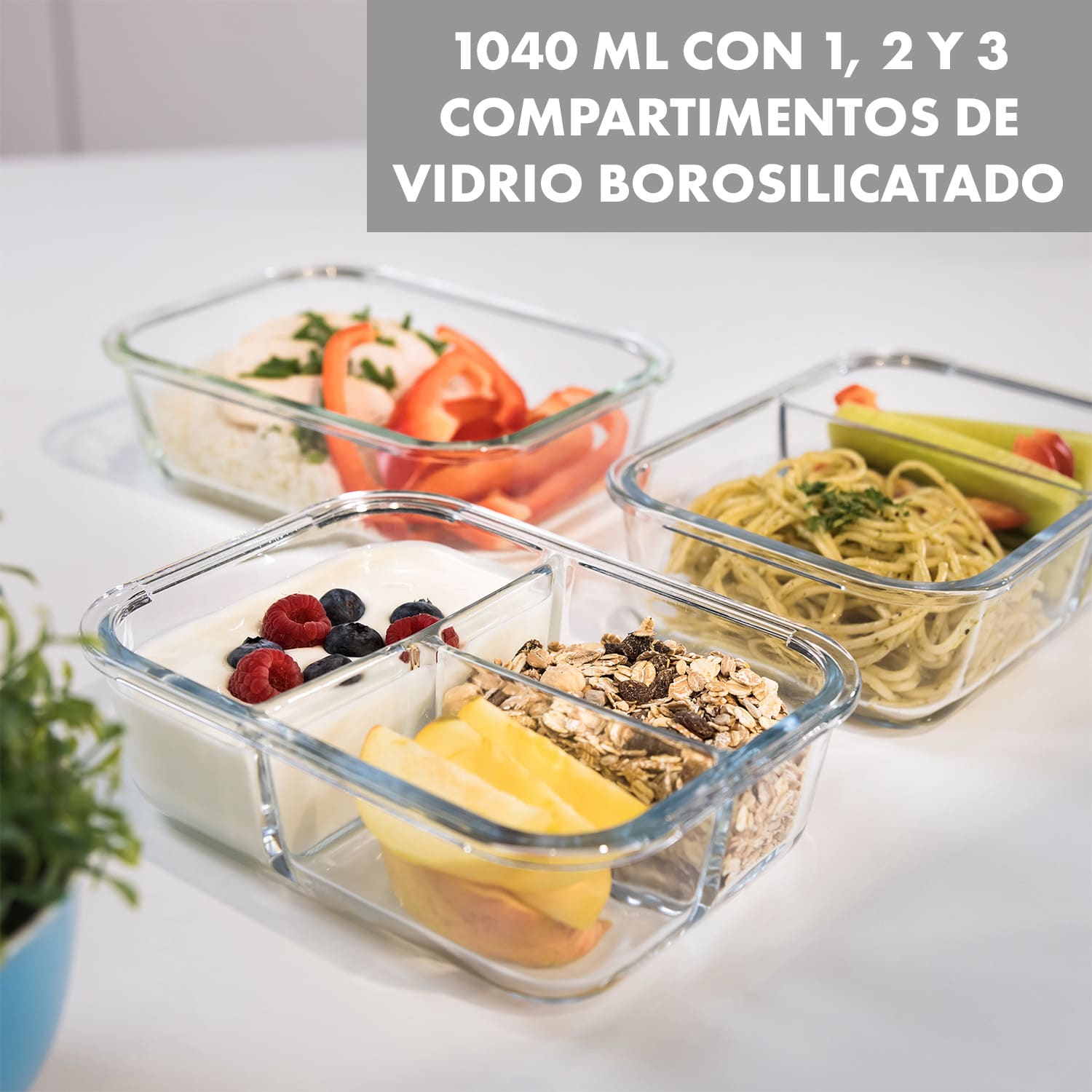 Hopewell Juego de 3 fiambreras 1040 ml Vidrio de borosilicato Tapa Funda 