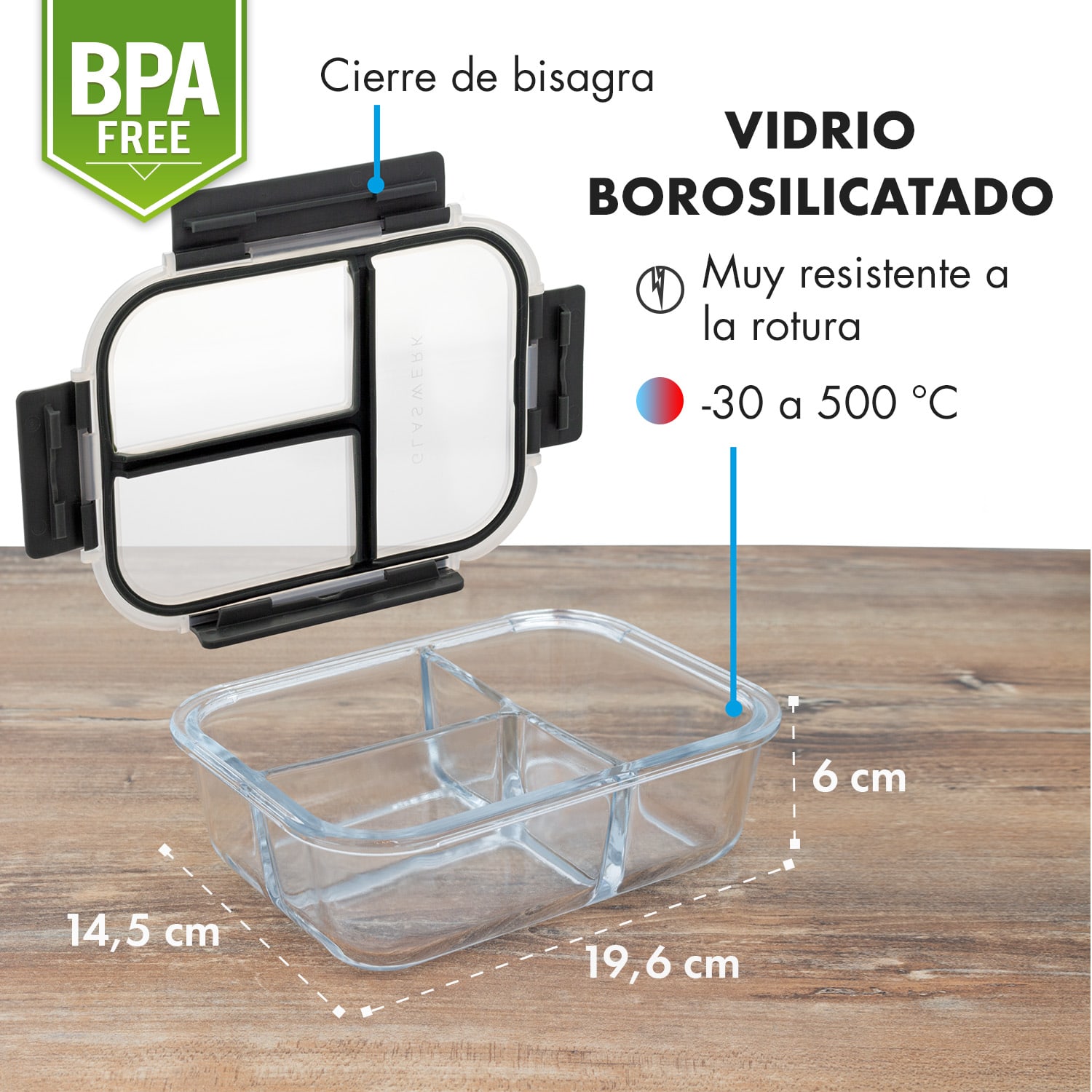 Hopewell Juego de 3 fiambreras 1040 ml Vidrio de borosilicato Tapa Funda 