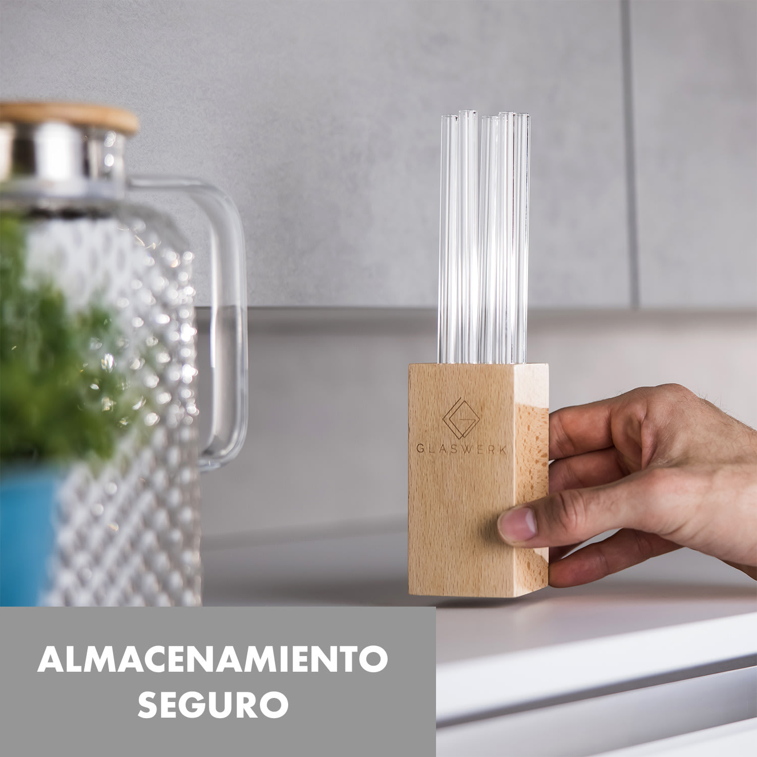 Salizzada Pajitas de vidrio Juego de 7 unidades 0,8 x 20 cm (ØxAlto) Soporte de madera Cepillo 