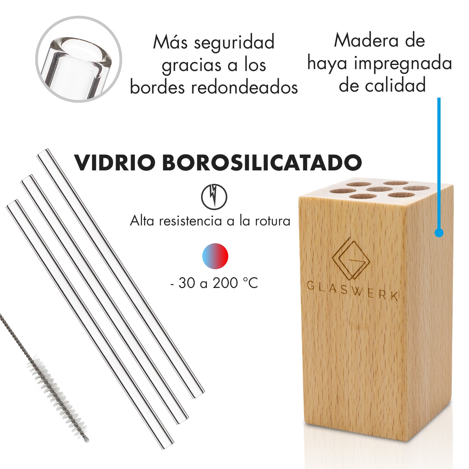 Salizzada Pajitas de vidrio Juego de 7 unidades 0,8 x 20 cm (ØxAlto) Soporte de madera Cepillo 