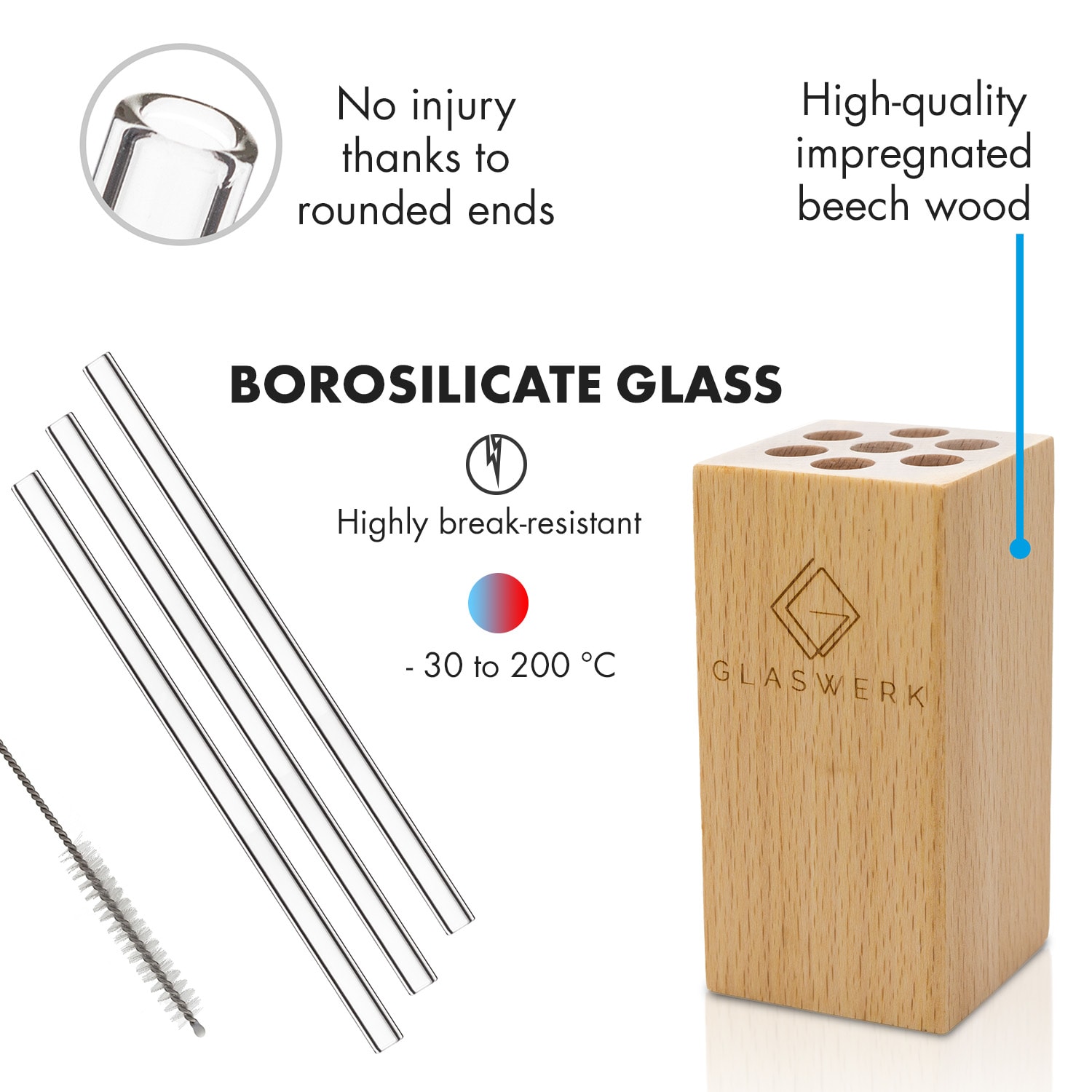 Glaswerk Salizzada, üveg szívószálak, 7 darab, 0,8 x 20 cm (Ø x M), fa tartó, kefe 20 cm