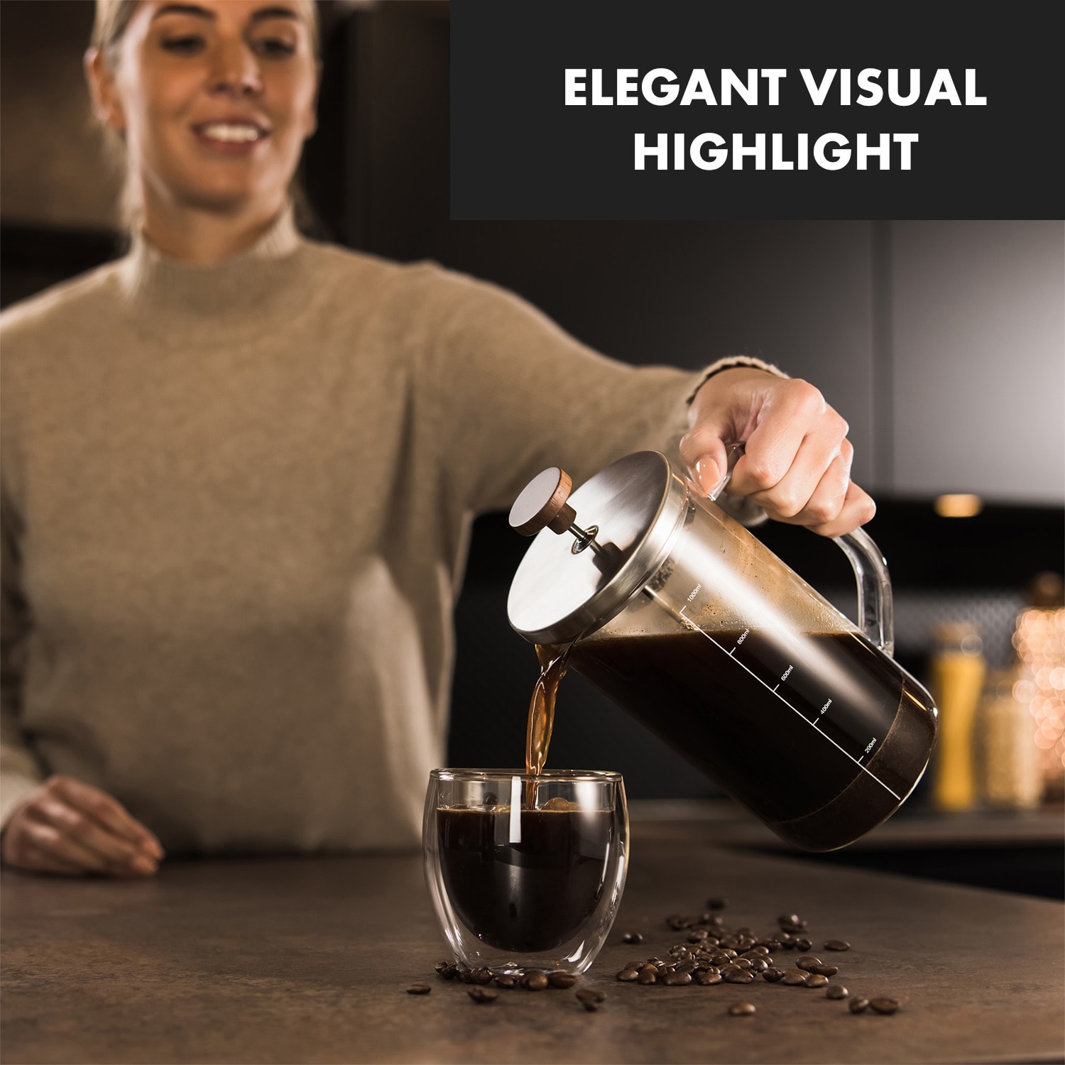 Glaswerk Ristretto, french press, 1 l, borosilikátové sklo, nehrdzavejúca oceľ, orechové drevo 1 Ltr