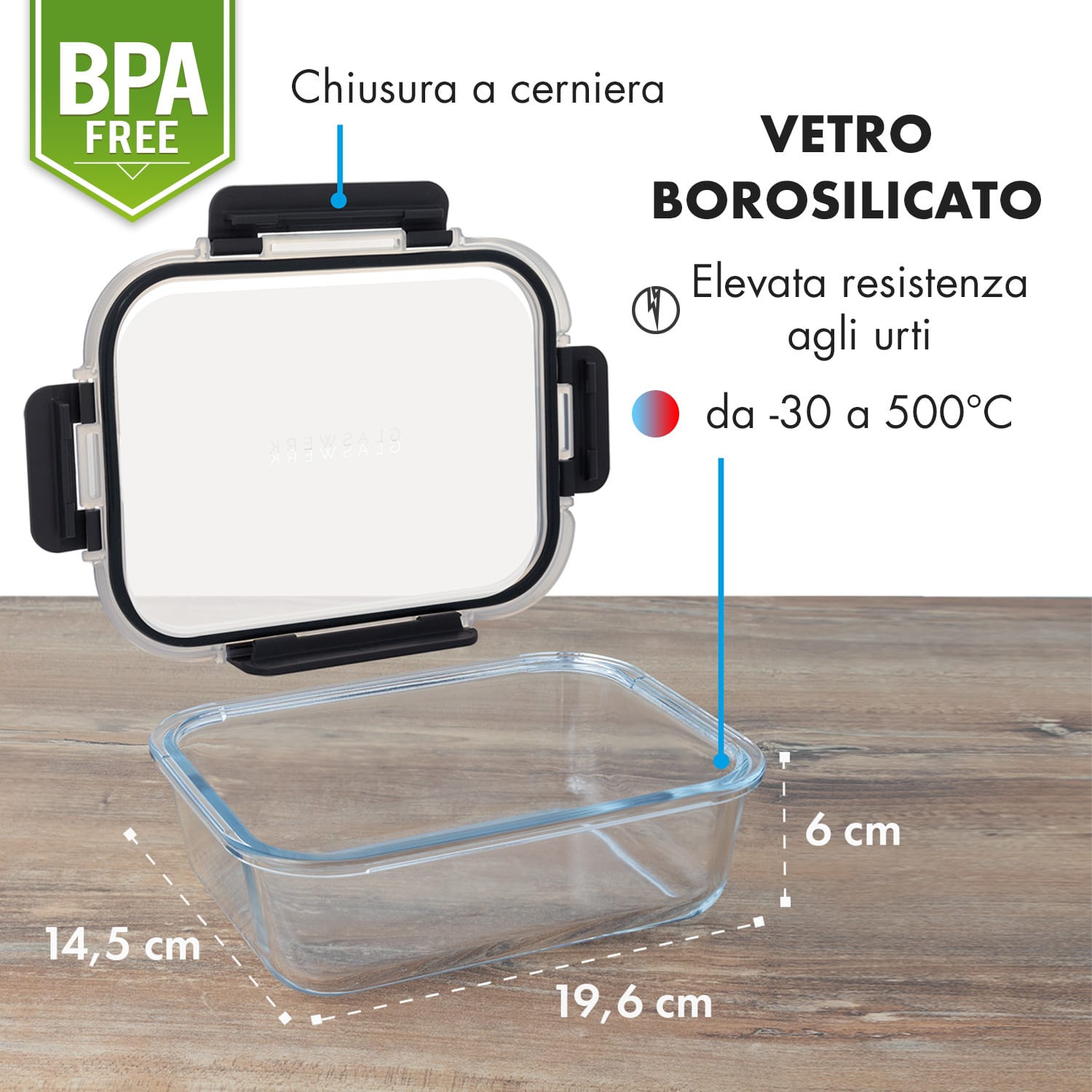 Jardine, contenitori salvafreschezza, set 3 pezzi, senza divisorio, 1040 ml, vetro borosilicato, coperchio 