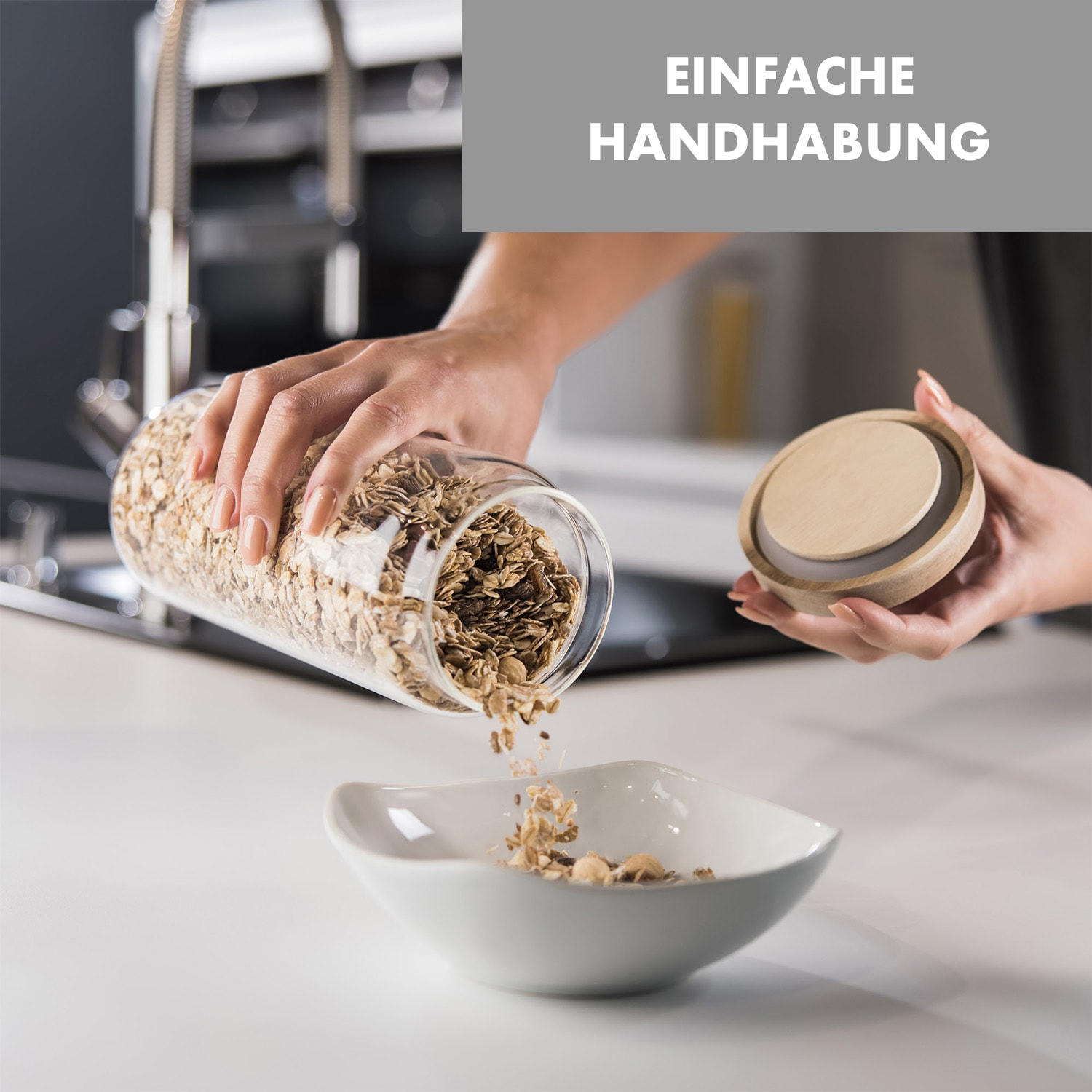 Lovage Bocaux de conservation 0,75 1,1 1,5 l lot de 3 verre borosilicaté couvercle en bois d'acacia silicone 