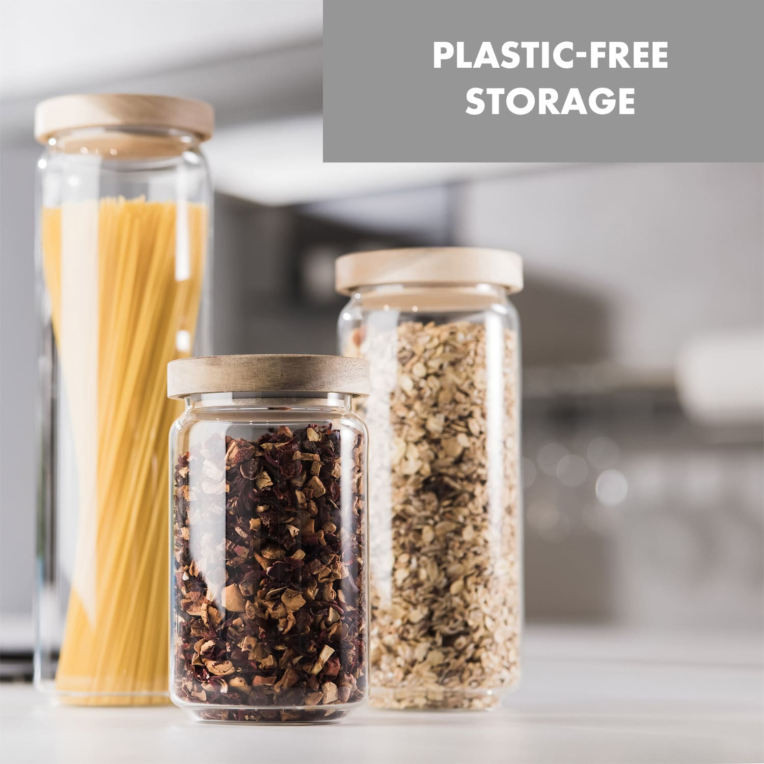 Glaswerk Lovage, pojemniki na żywność, zestaw 3 szt., 0,75 l, 1,1 l, 1,5 l, szkło borokrzemowe, pokrywka z drewna akacjowego, silikon 