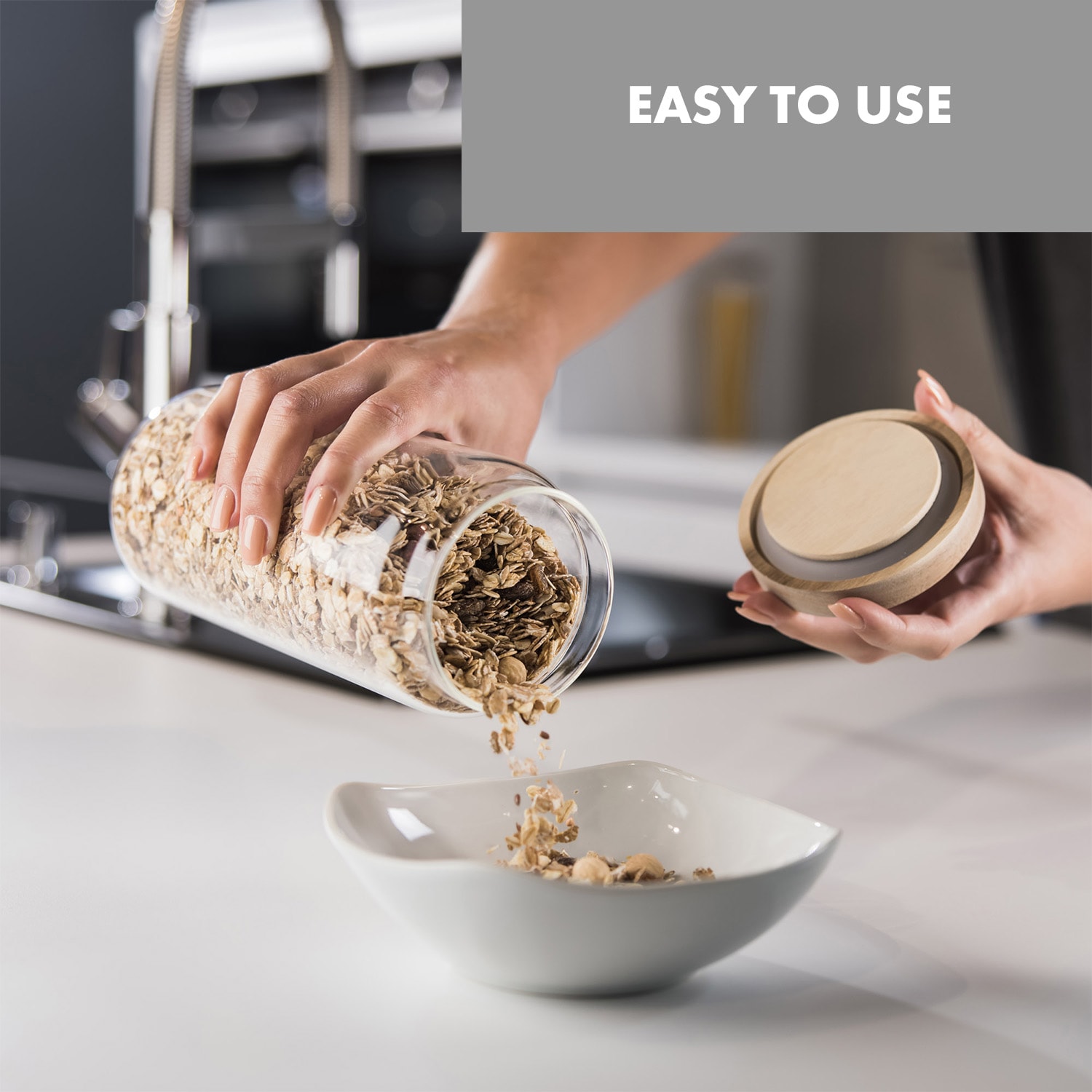 Glaswerk Lovage, pojemniki na żywność, zestaw 3 szt., 0,75 l, 1,1 l, 1,5 l, szkło borokrzemowe, pokrywka z drewna akacjowego, silikon 