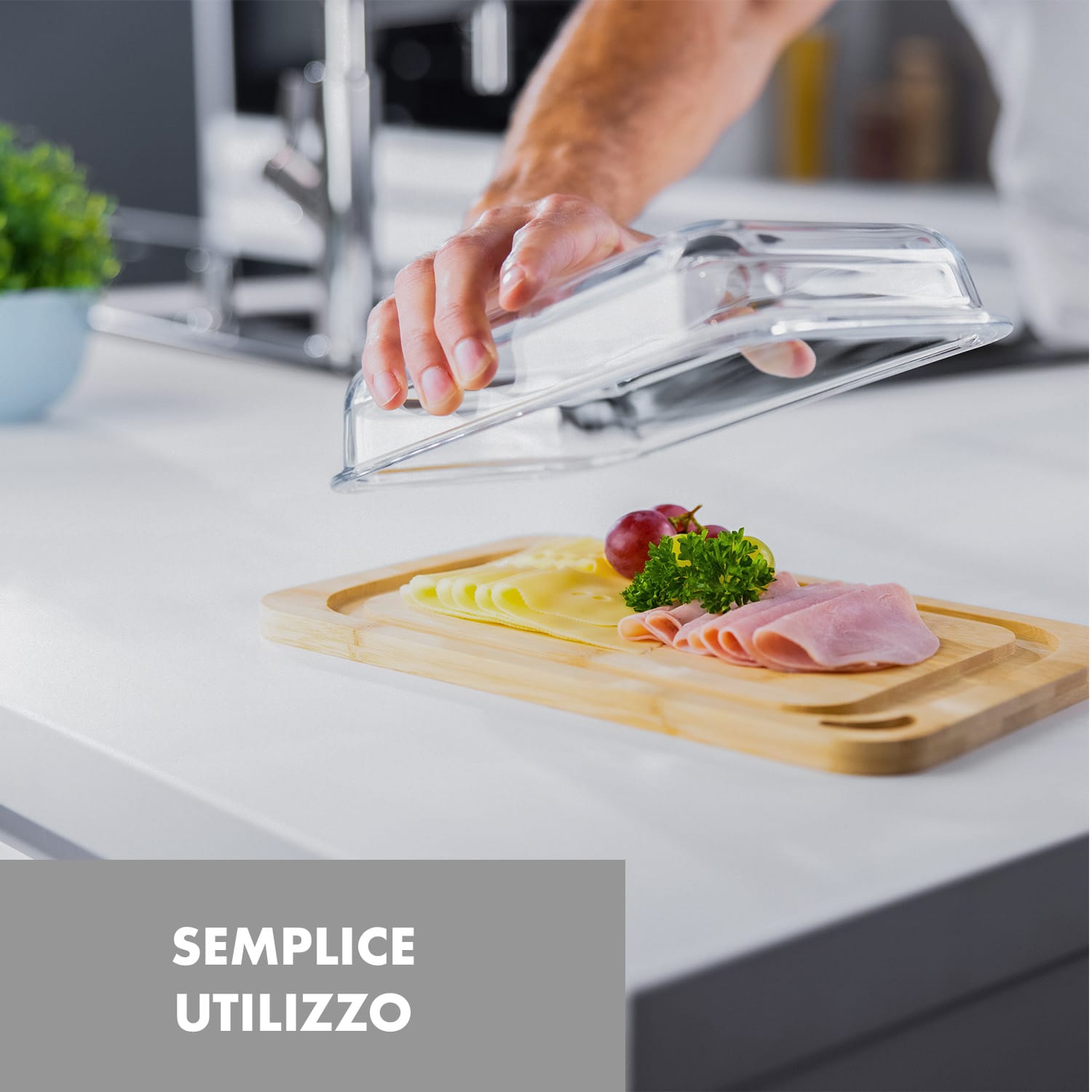 Hermatige, contenitore per affettati con coperchio di vetro, set da 2 pezzi, vetro borosilicato, bambù, tagliere 