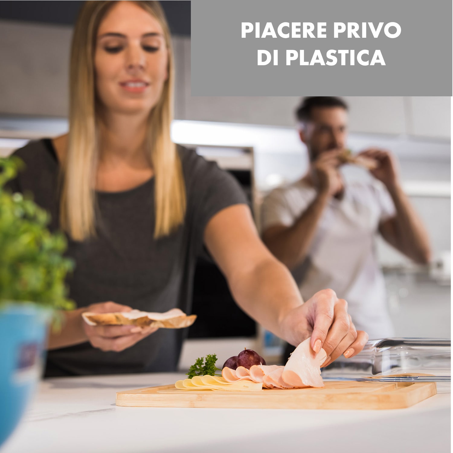 Hermatige, contenitore per affettati con coperchio di vetro, set da 2 pezzi, vetro borosilicato, bambù, tagliere 