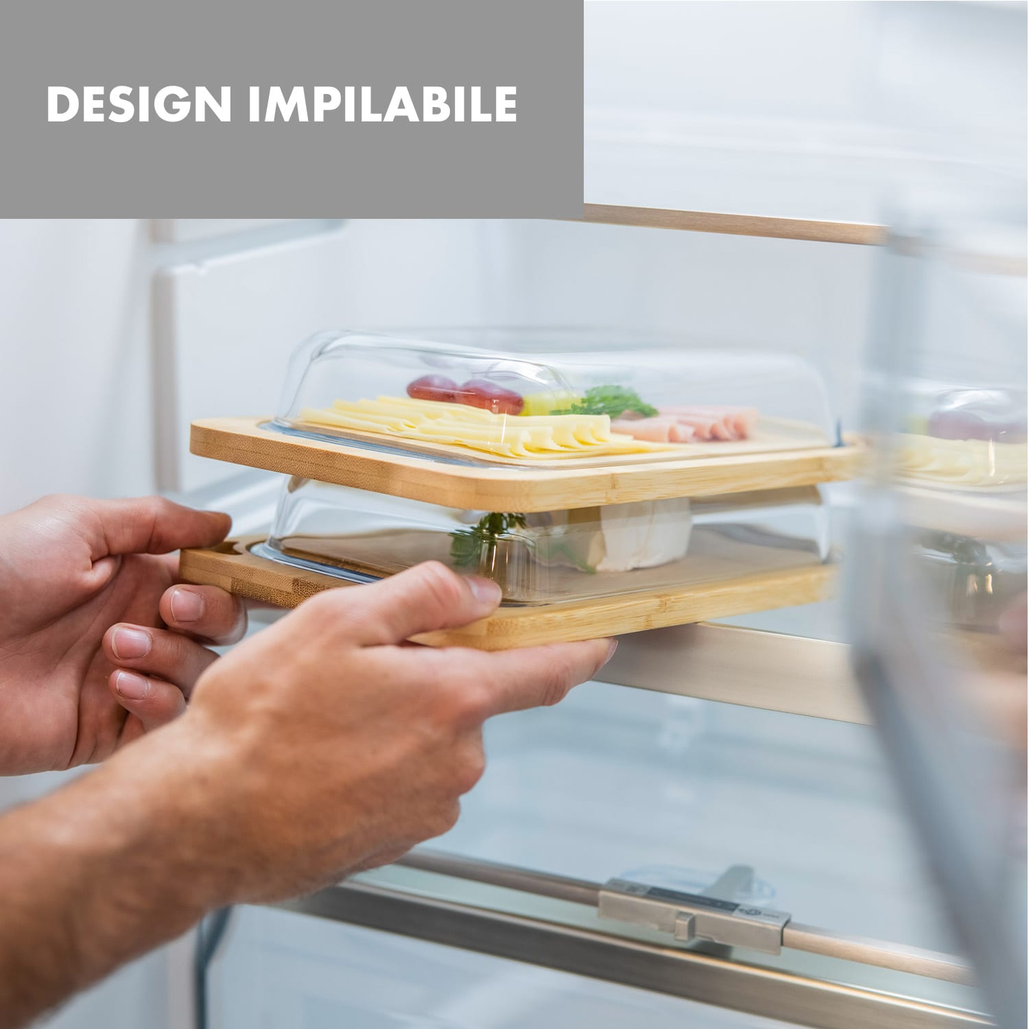 Hermatige, contenitore per affettati con coperchio di vetro, set da 2 pezzi, vetro borosilicato, bambù, tagliere 