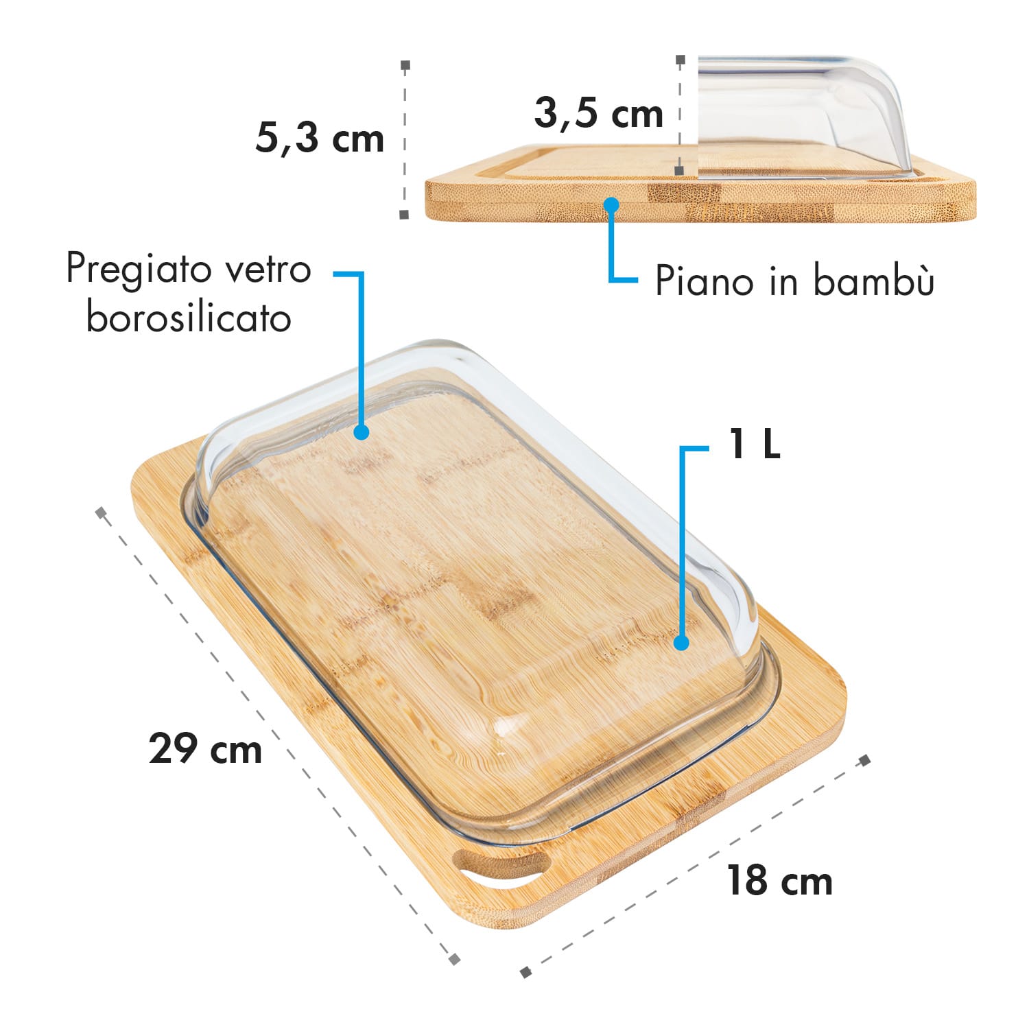 Hermatige, contenitore per affettati con coperchio di vetro, set da 2 pezzi, vetro borosilicato, bambù, tagliere 