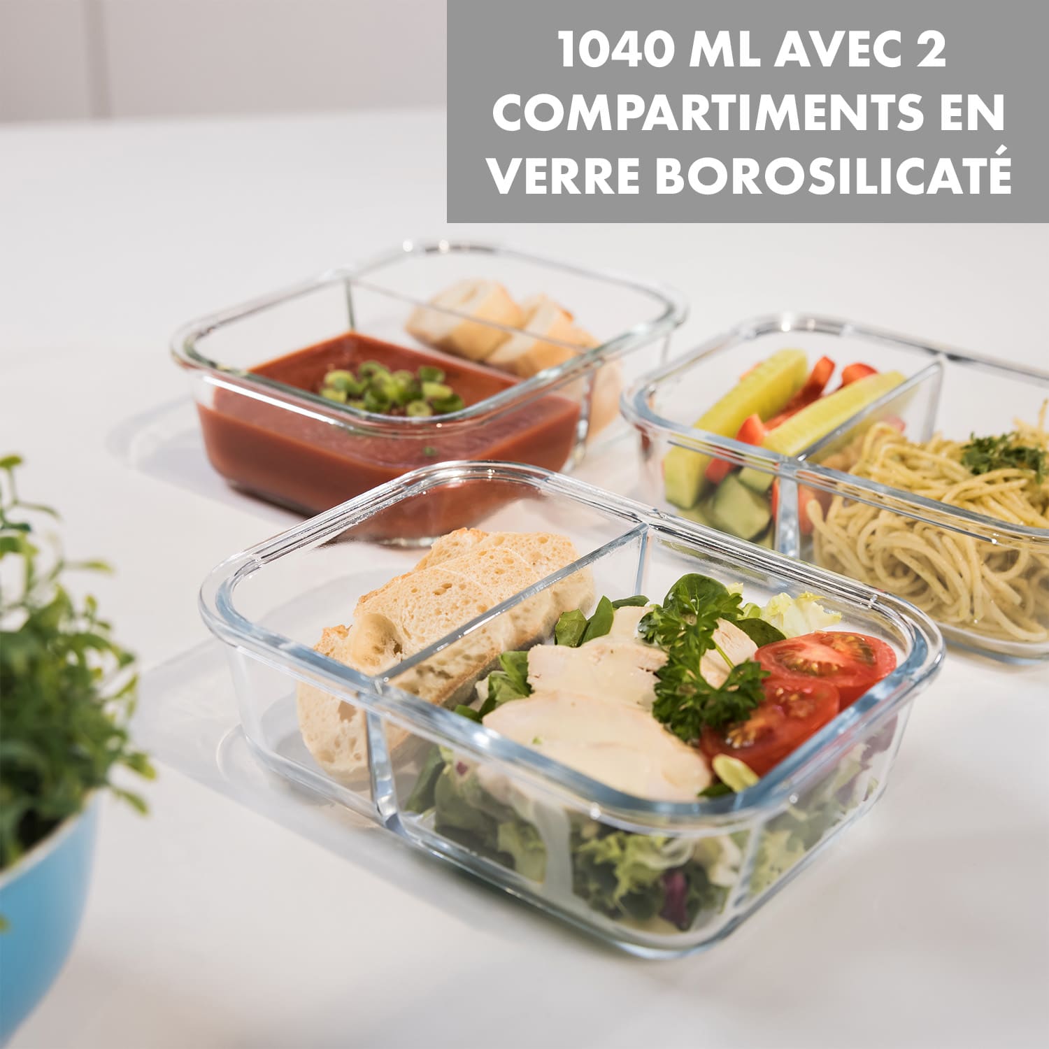 Jardine vershoudbakjes set van 3 2 vakken 1040 ml borosilicaatglas deksel 