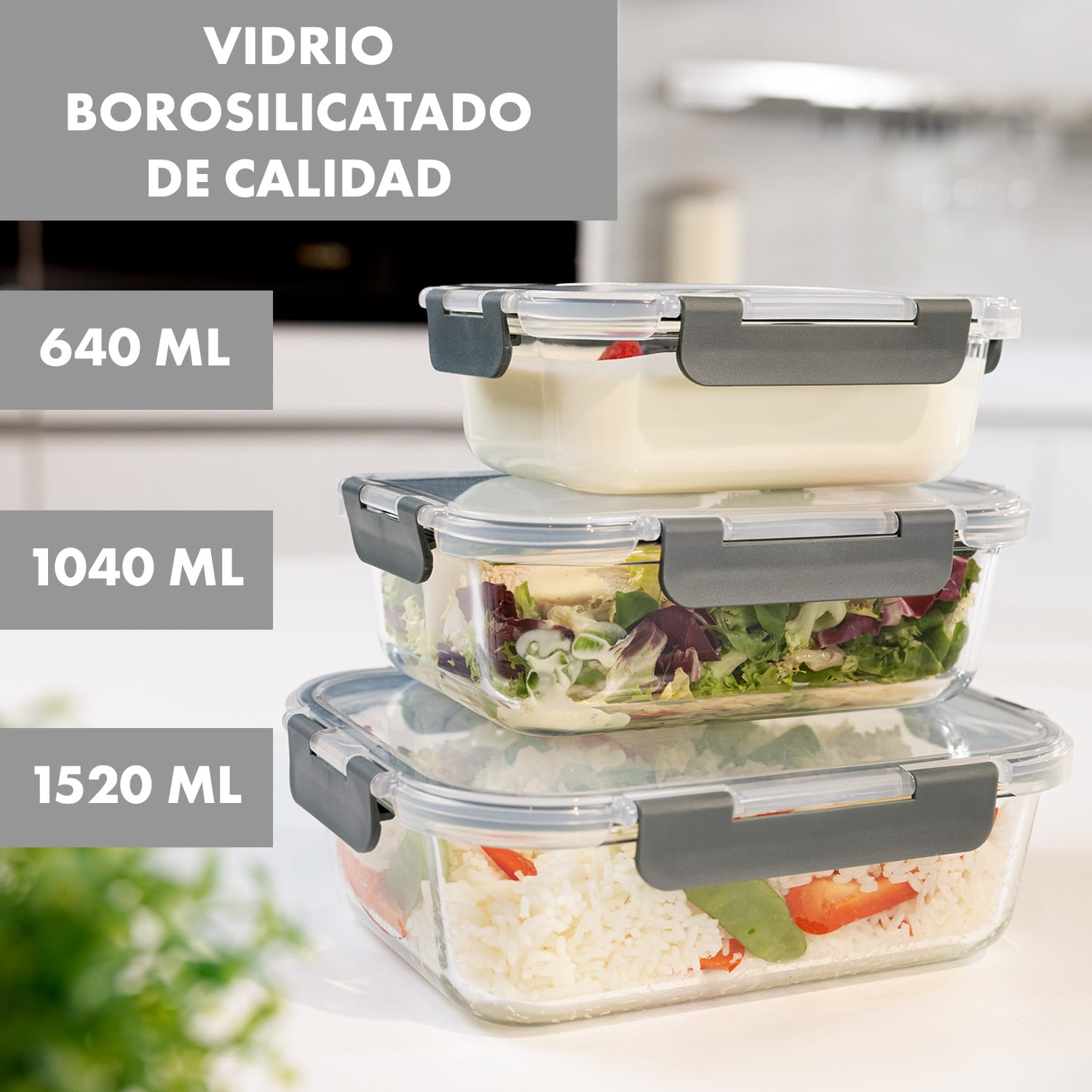 Jardine Juego de 3 fiambreras 640 1040 1520 ml Vidrio de borosilicato Tapa 