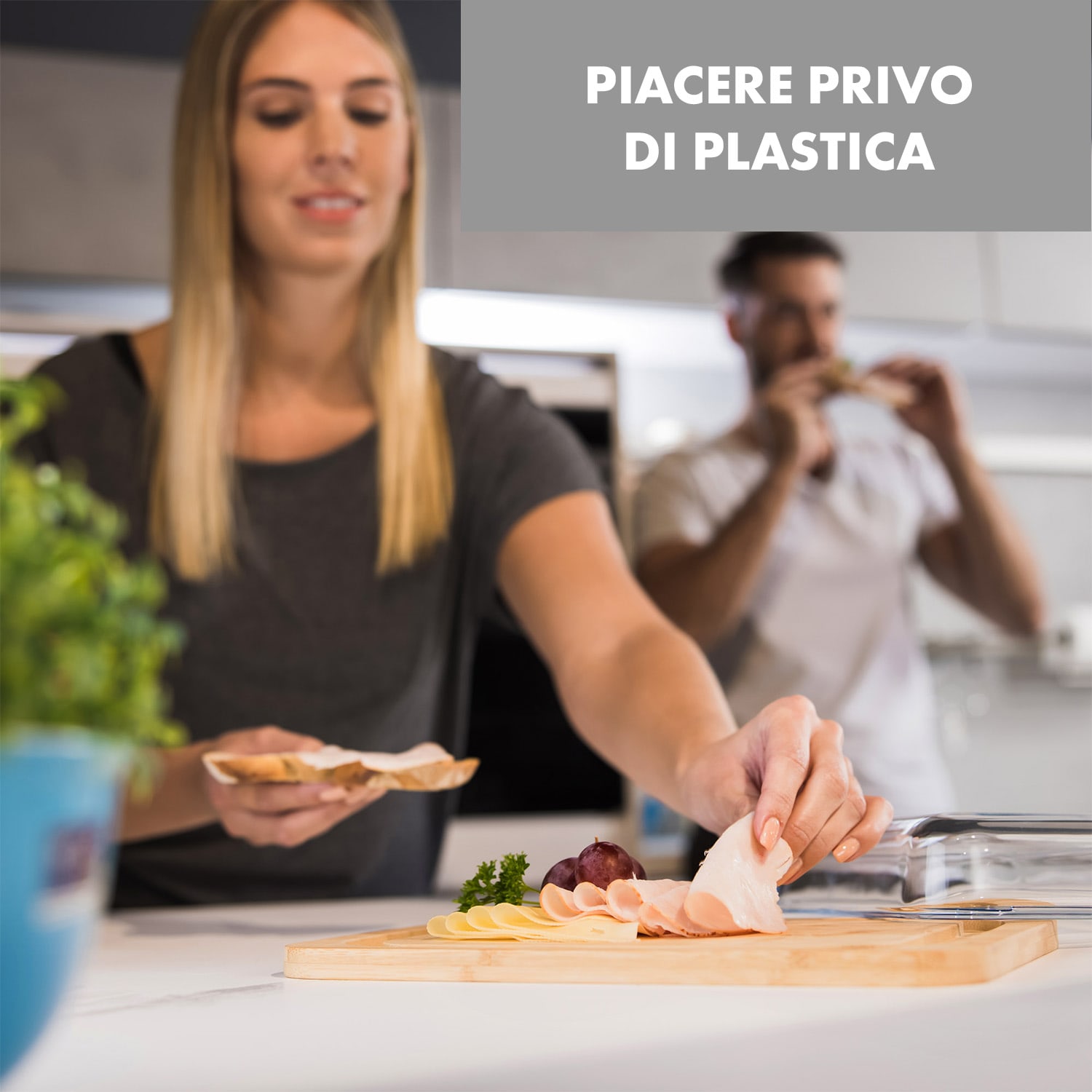 Hermatige, contenitore per affettati con coperchio di vetro, vetro borosilicato, bambù, tagliere 
