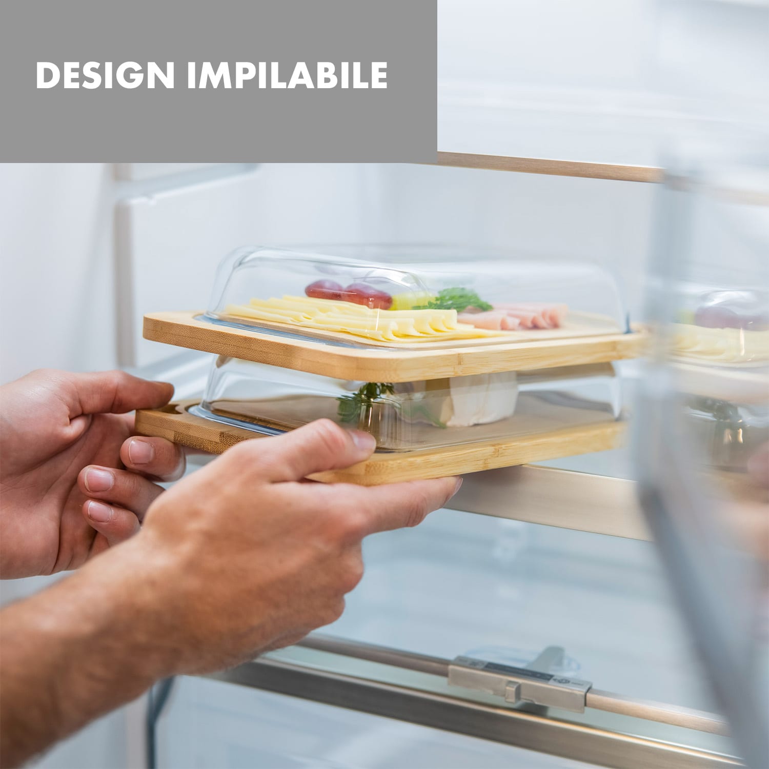 Hermatige, contenitore per affettati con coperchio di vetro, vetro borosilicato, bambù, tagliere 