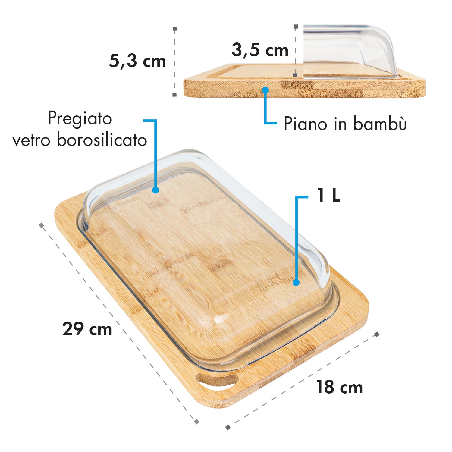 Hermatige, contenitore per affettati con coperchio di vetro, vetro borosilicato, bambù, tagliere 