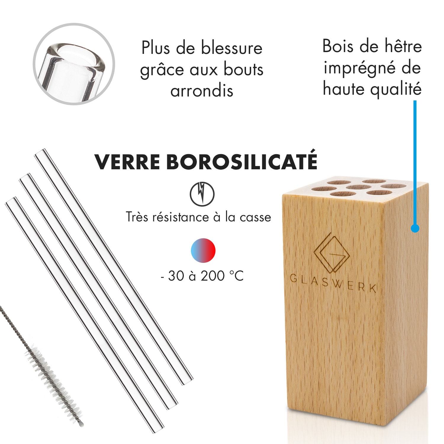 Frezzeria glazen rietjes 7 stuks 0,8 x 20 cm (ØxH) houten houder borstel 15 cm