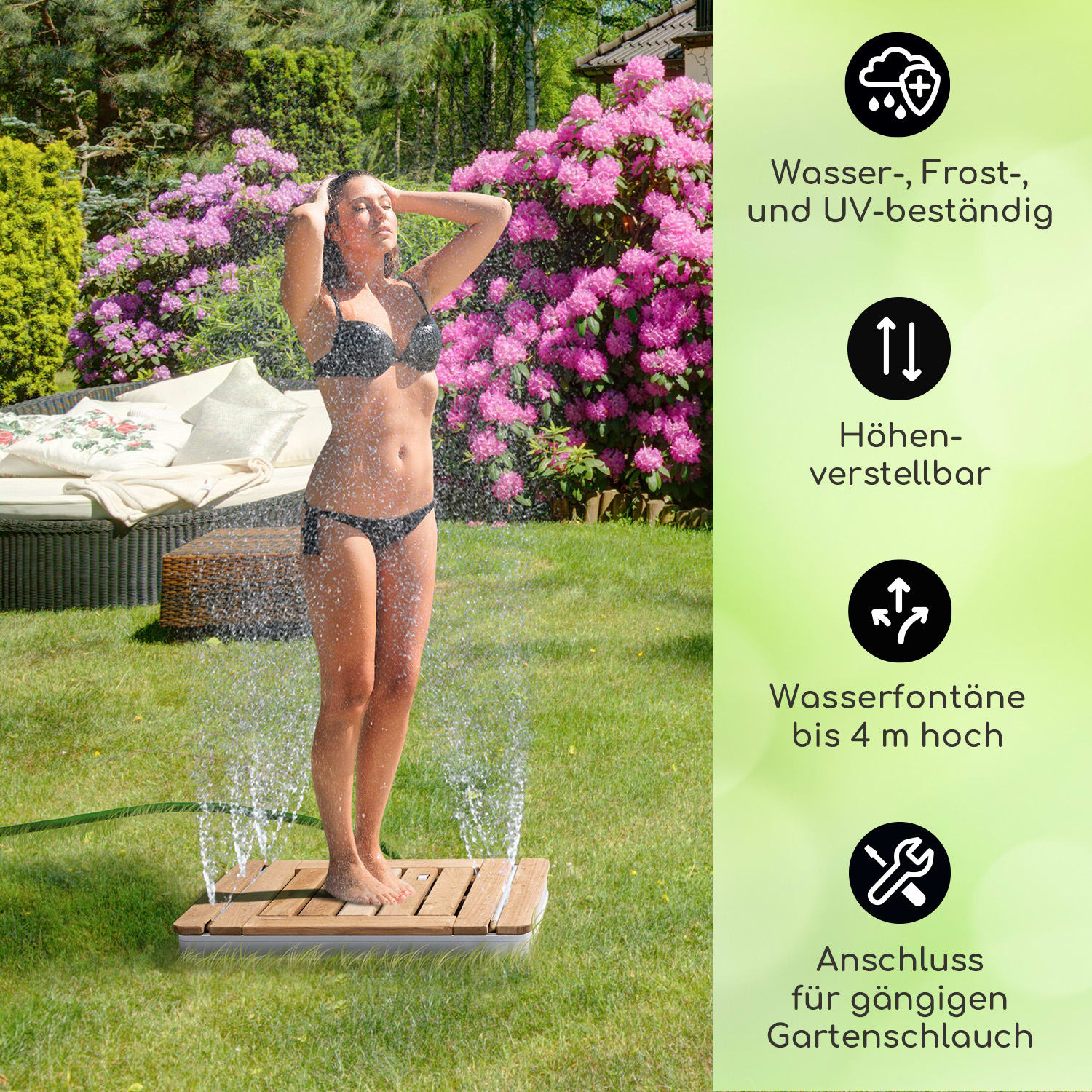 Sumatra Teak Square Gartendusche Aluminium Teakholz Tragegriff quadratisch | Silber-Metallic