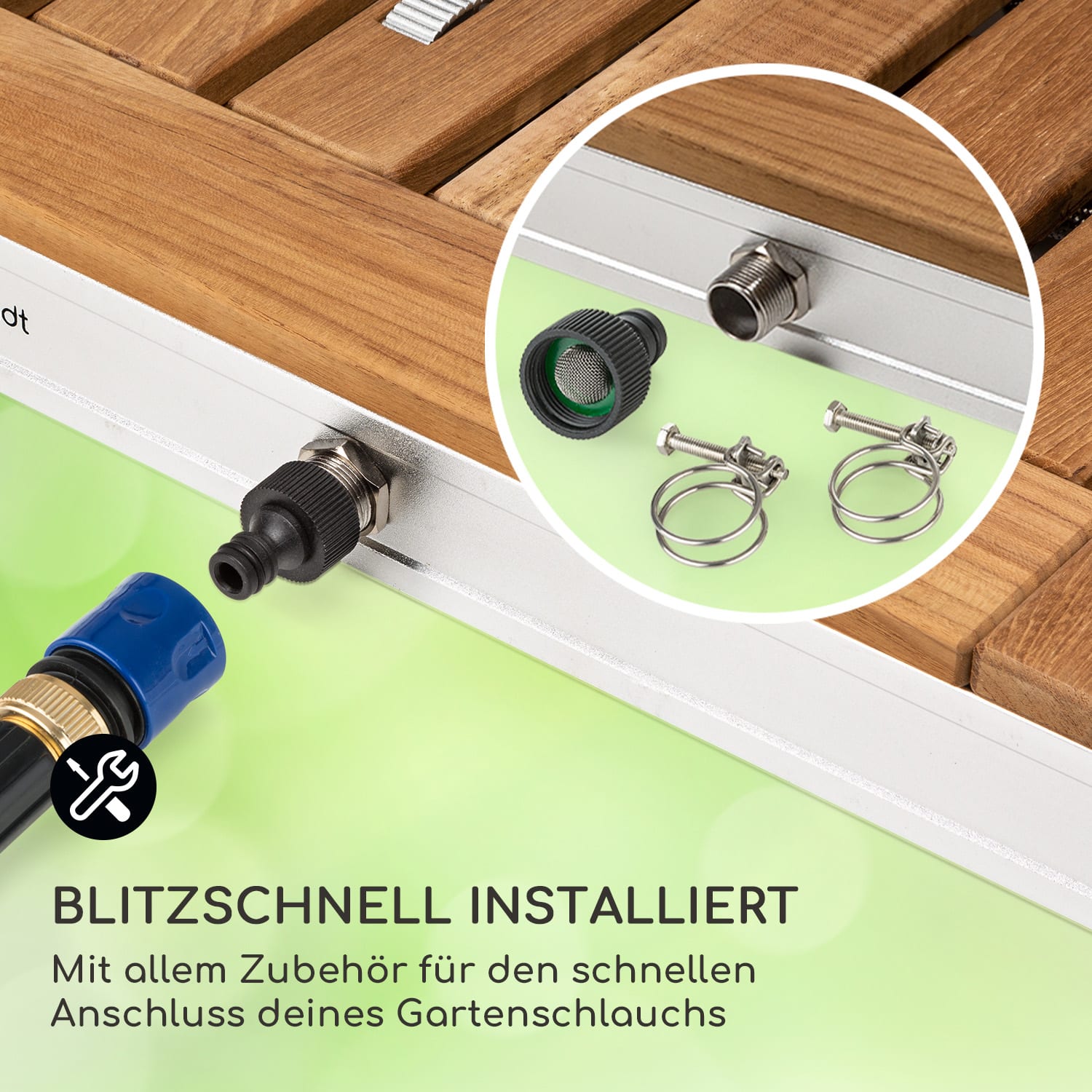 Sumatra Teak Square Gartendusche Aluminium Teakholz Tragegriff quadratisch | Silber-Metallic