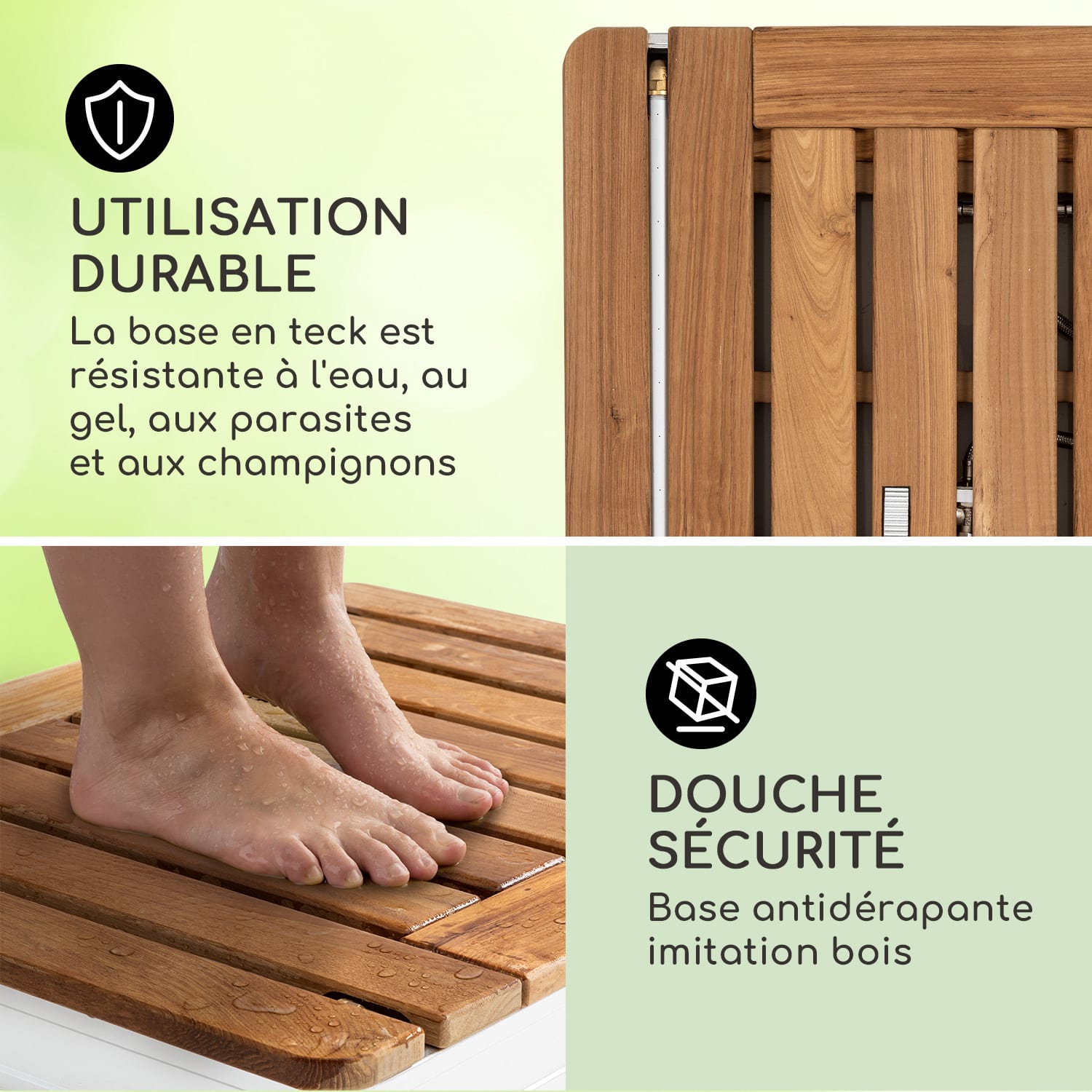 Sumatra Teak Square Douche de jardin Aluminium bois de teck Poignée de transport Carré | Argent Métallisé