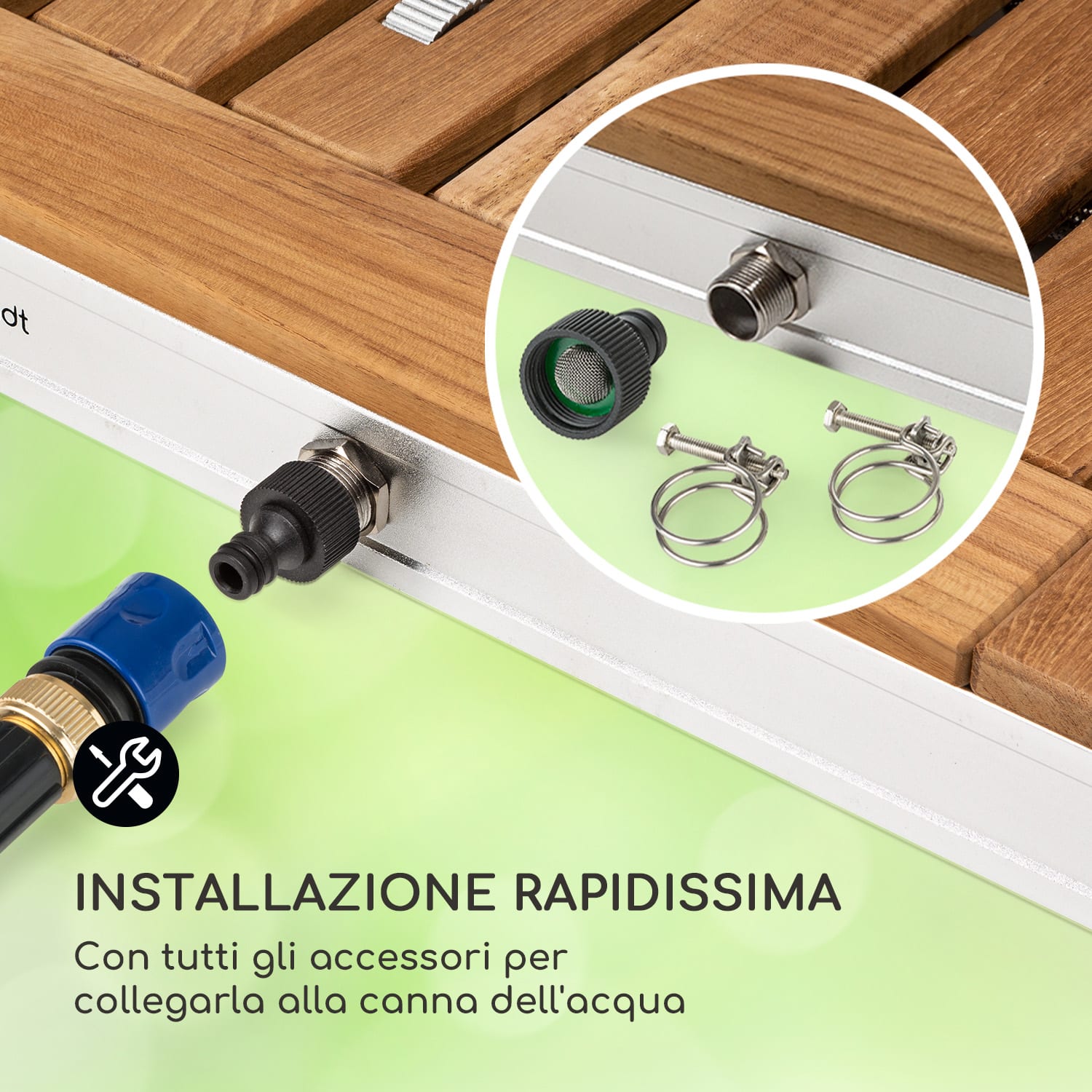 Sumatra Teak Square - Doccia da giardino, WPC, alluminio, teak, impugnatura di trasporto Piazza | Argento metallizzato