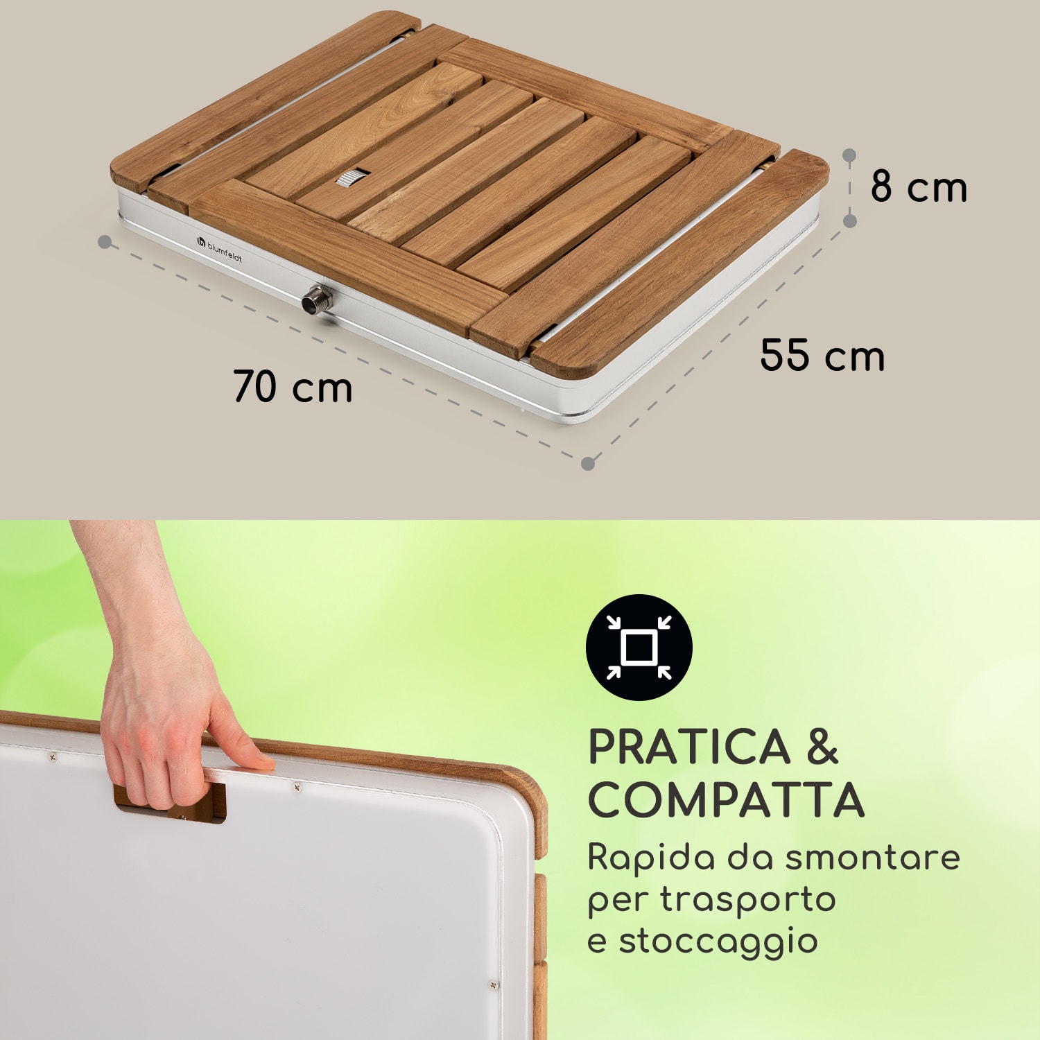 Sumatra Teak Square - Doccia da giardino, WPC, alluminio, teak, impugnatura di trasporto Piazza | Argento metallizzato