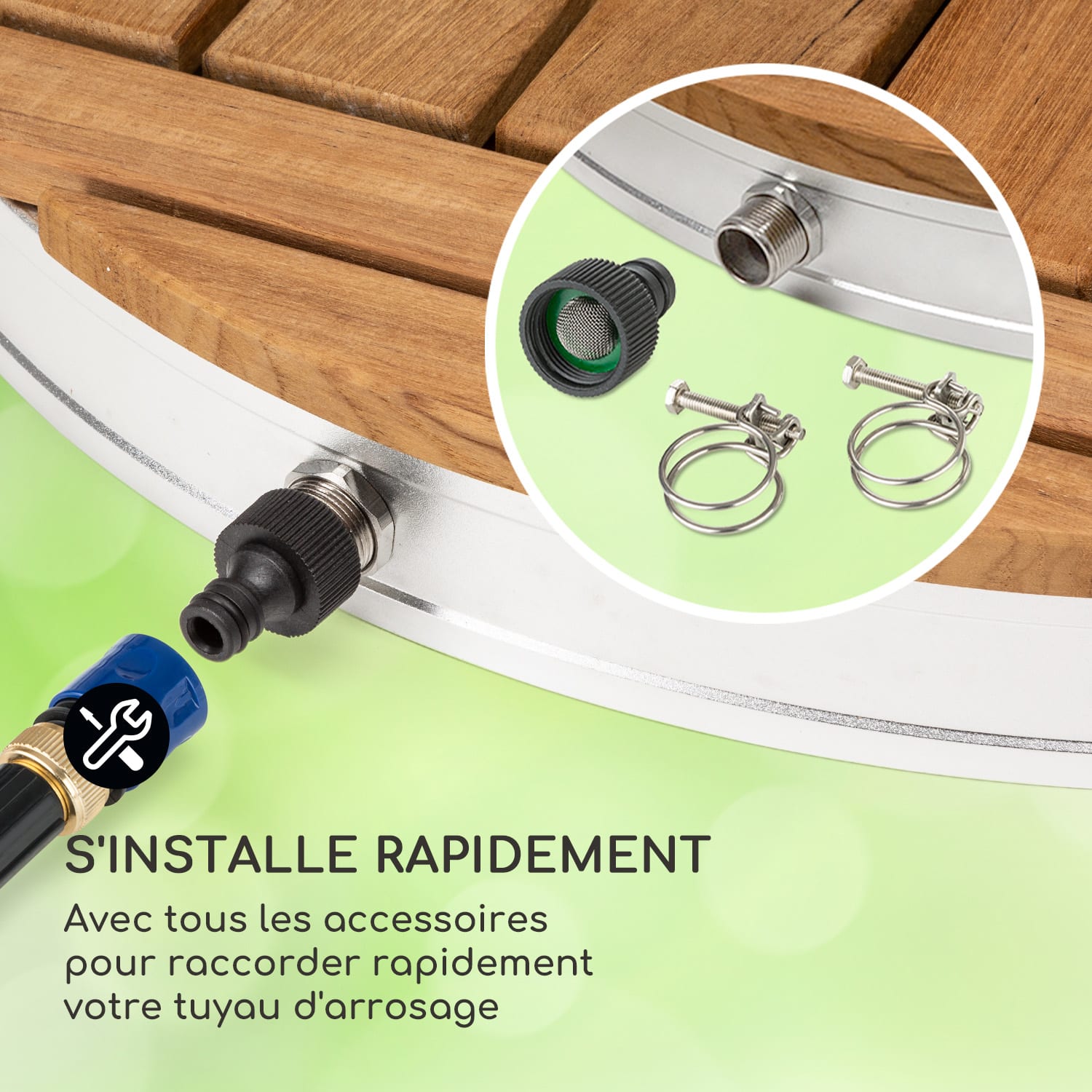 Sumatra Teak Round Douche de jardin Aluminium bois de teck Poignée de transport rond | Argent Métallisé