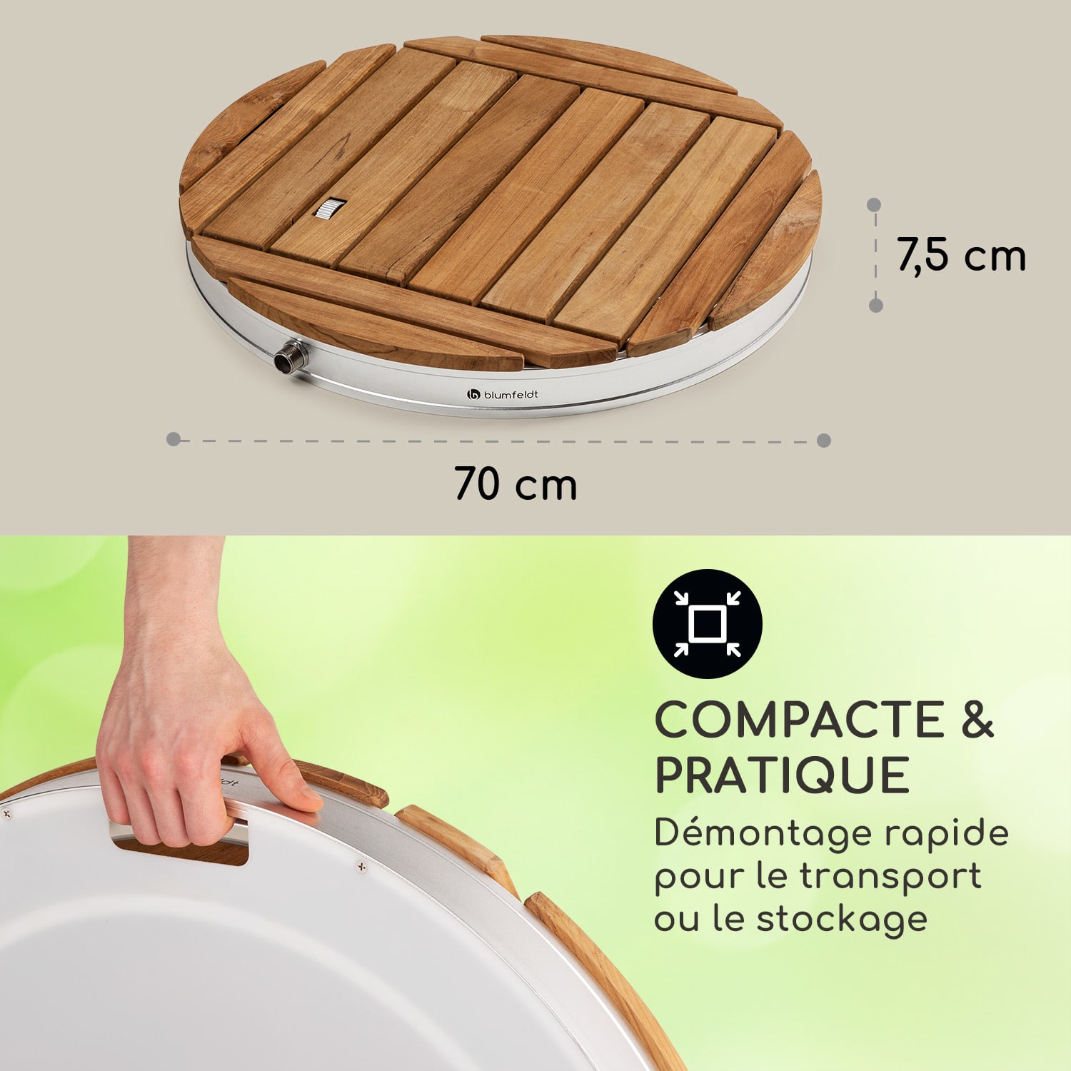 Sumatra Teak Round Douche de jardin Aluminium bois de teck Poignée de transport rond | Argent Métallisé