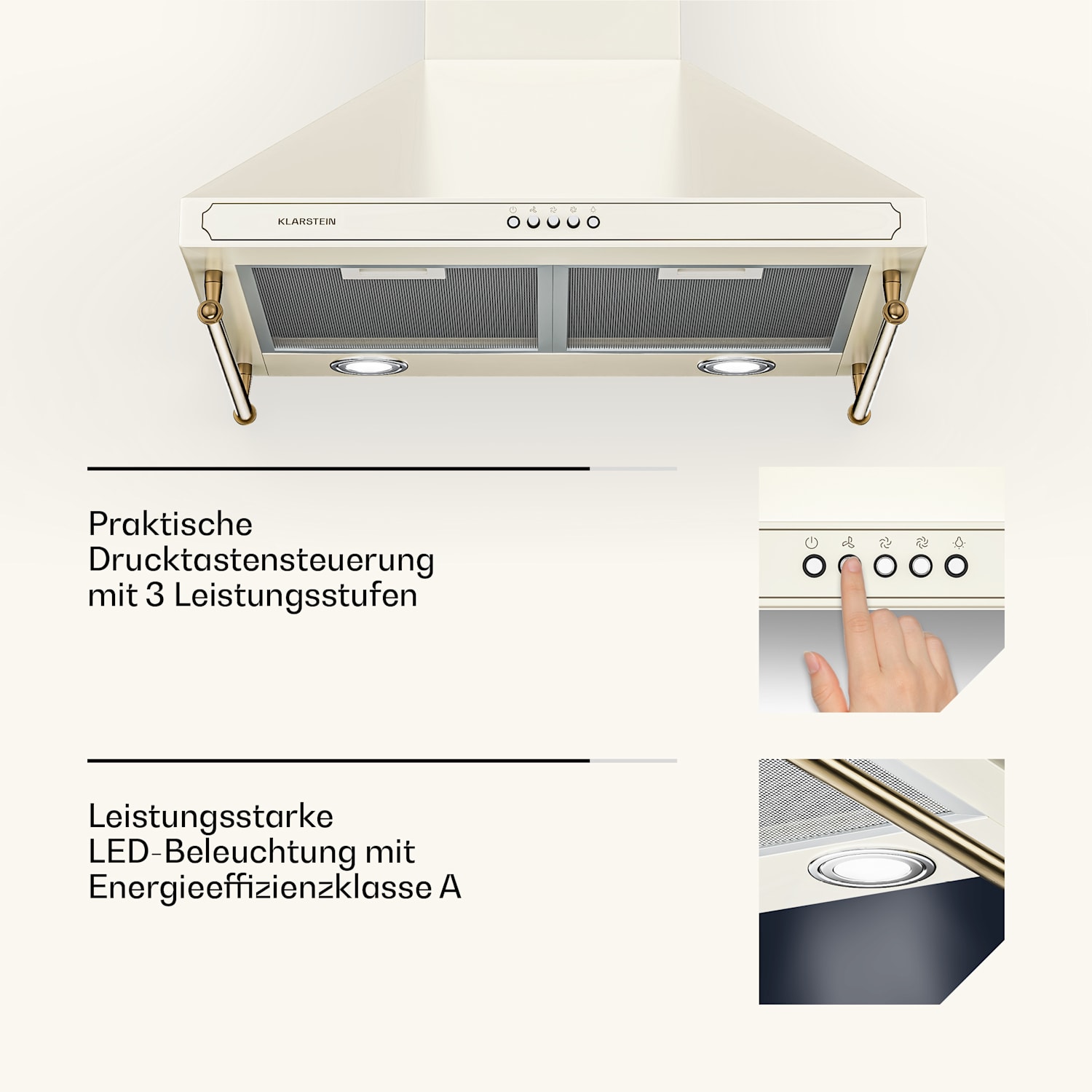 Victoria Dunstabzugshaube 60cm Retro-Design 644,5m³/h 2 LED-Lampen 60 cm | Vintage-Creme