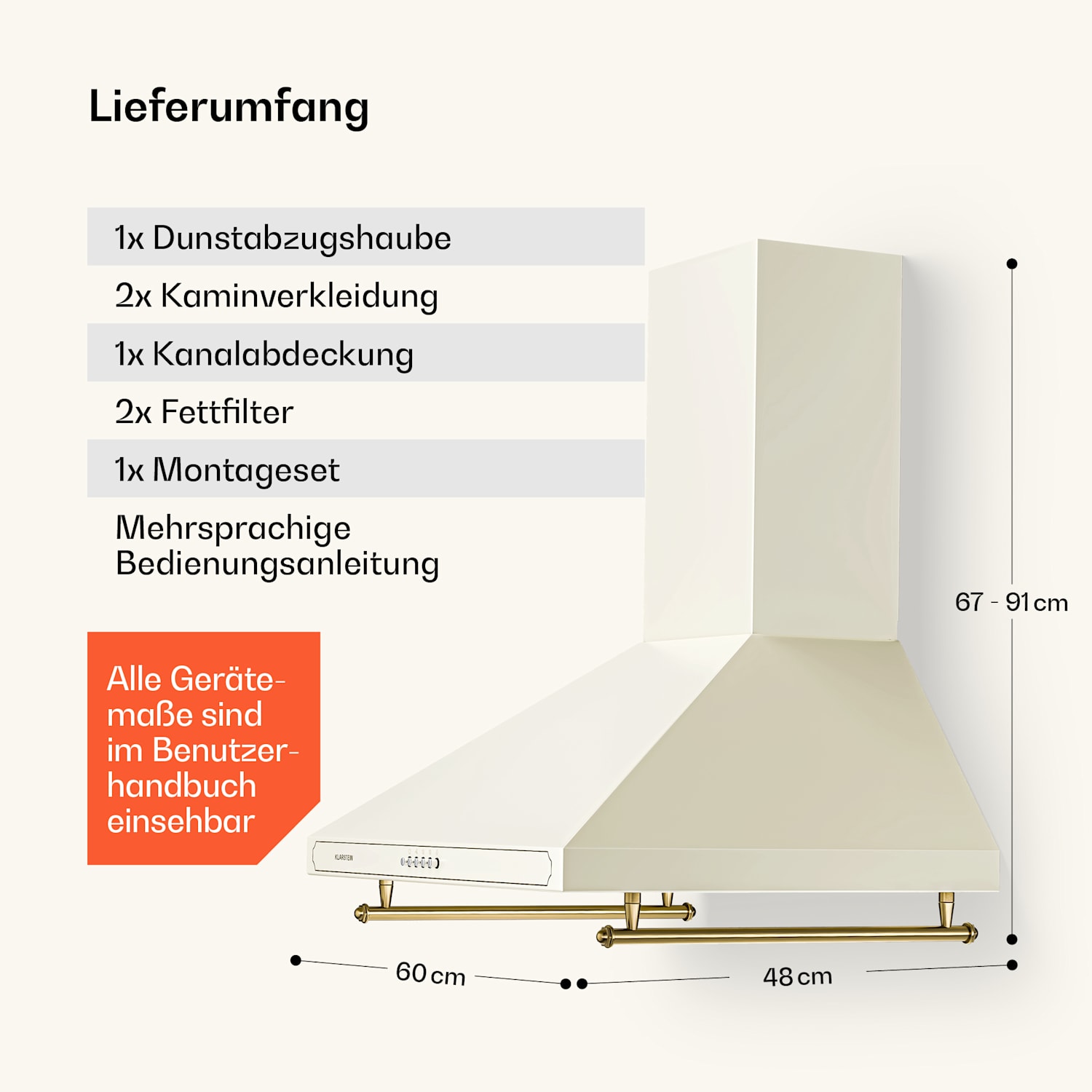 Victoria Dunstabzugshaube 60cm Retro-Design 644,5m³/h 2 LED-Lampen 60 cm | Vintage-Creme