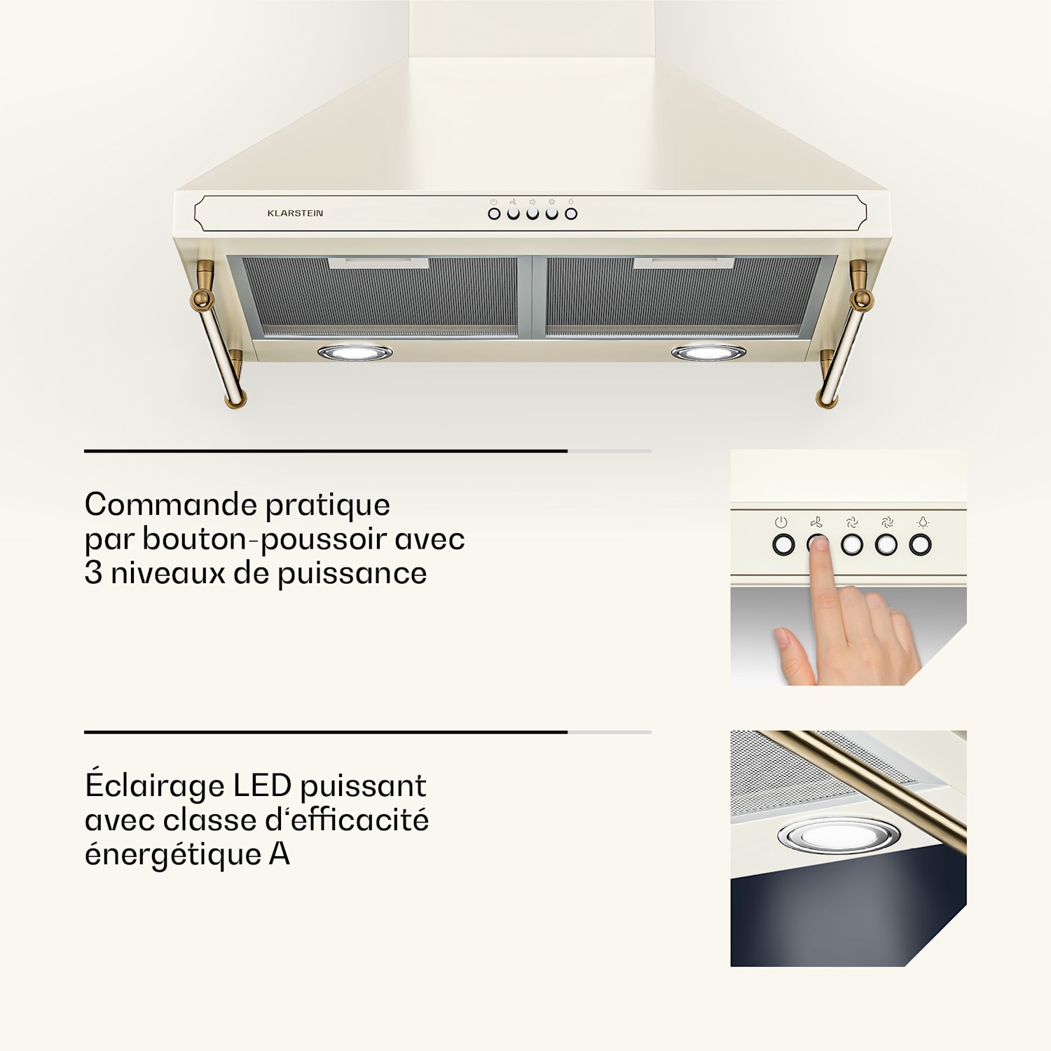 Hotte Victoria 60 cm rétro design 644,5 m³/h 2 lampes LED 60 cm | Crème Vintage