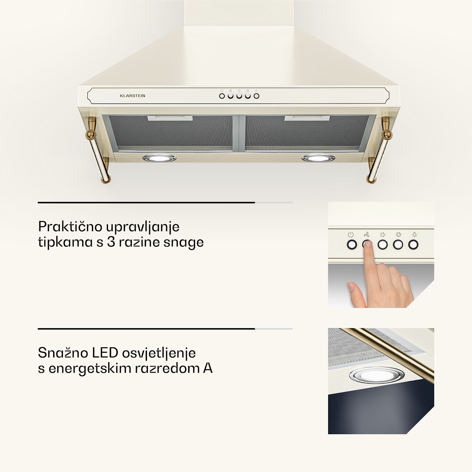 Victoria, napa, 60 cm, retro dizajn, 644,5 m³ / h, 2 LED svjetla 60 cm | Vintage kremasta