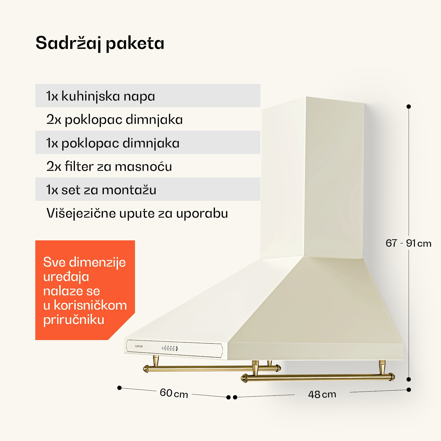 Victoria, napa, 60 cm, retro dizajn, 644,5 m³ / h, 2 LED svjetla 60 cm | Vintage kremasta