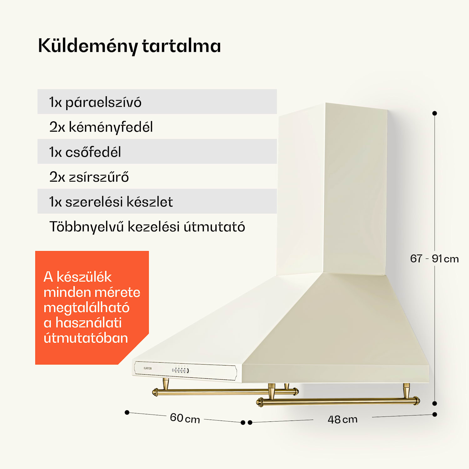 Victoria 60, páraelszívó, 60 cm, retro kialakítás, 644,5 m³/ó, 2 LED lámpa 60 cm | Vintage krém
