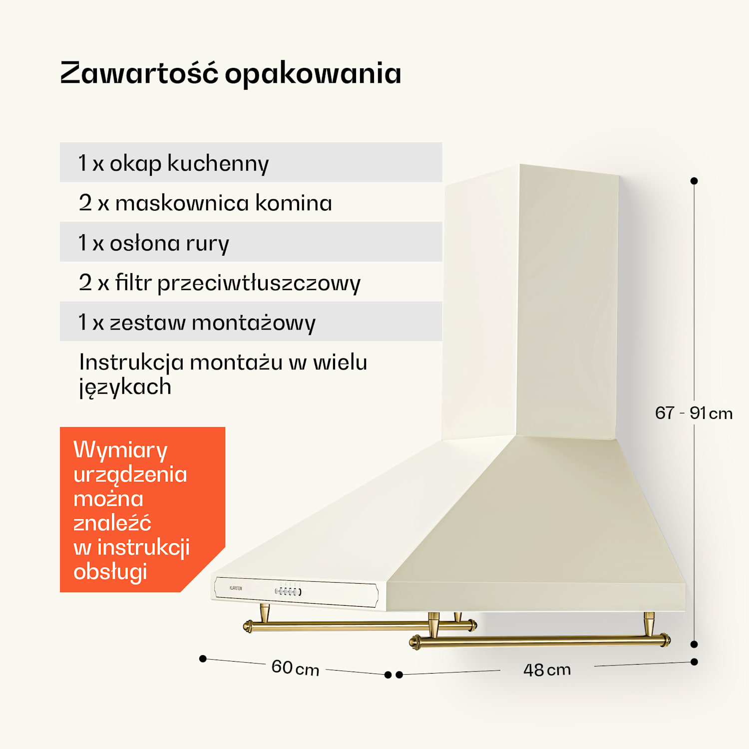 Victoria 60, okap kuchenny przyścienny, w stylu retro, 60 cm, 644,5 m³/h, 2 lampki LED 60 cm | Vintage Krem