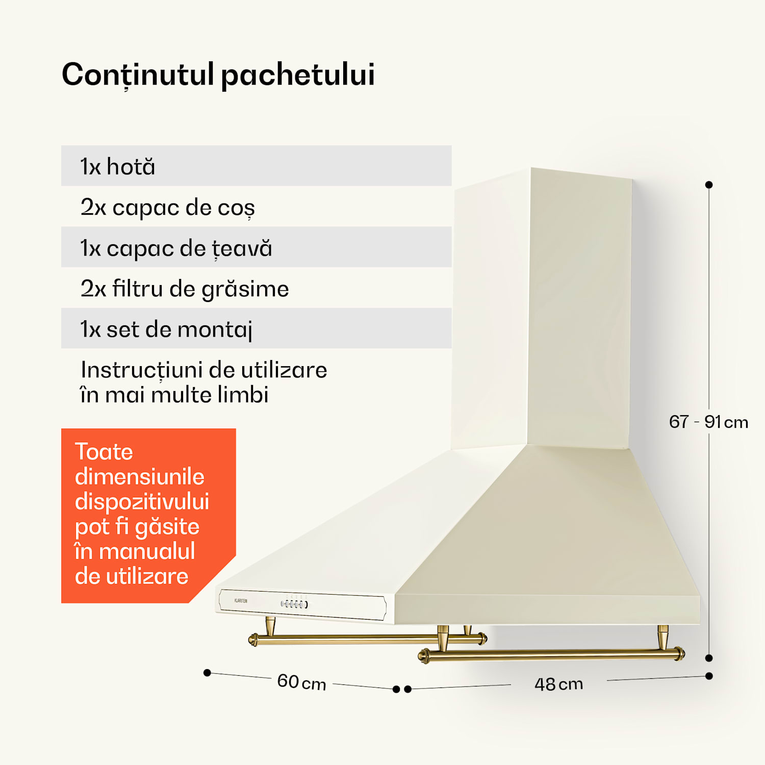 Victoria, hotă extractoare, 60 cm, design retro, 644,5 m³ / h, 2 lumini LED 