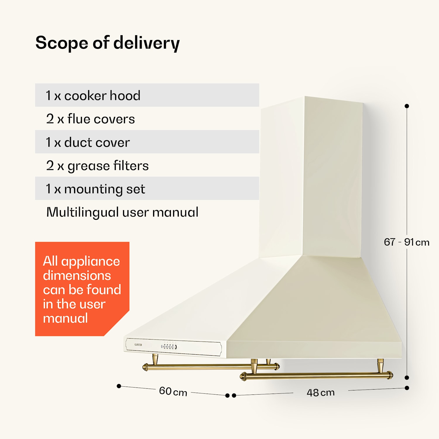 Victoria afzuigkap 60 cm retro design 644,5 m³/h 2 ledlampen 60 cm | Vintage Crème