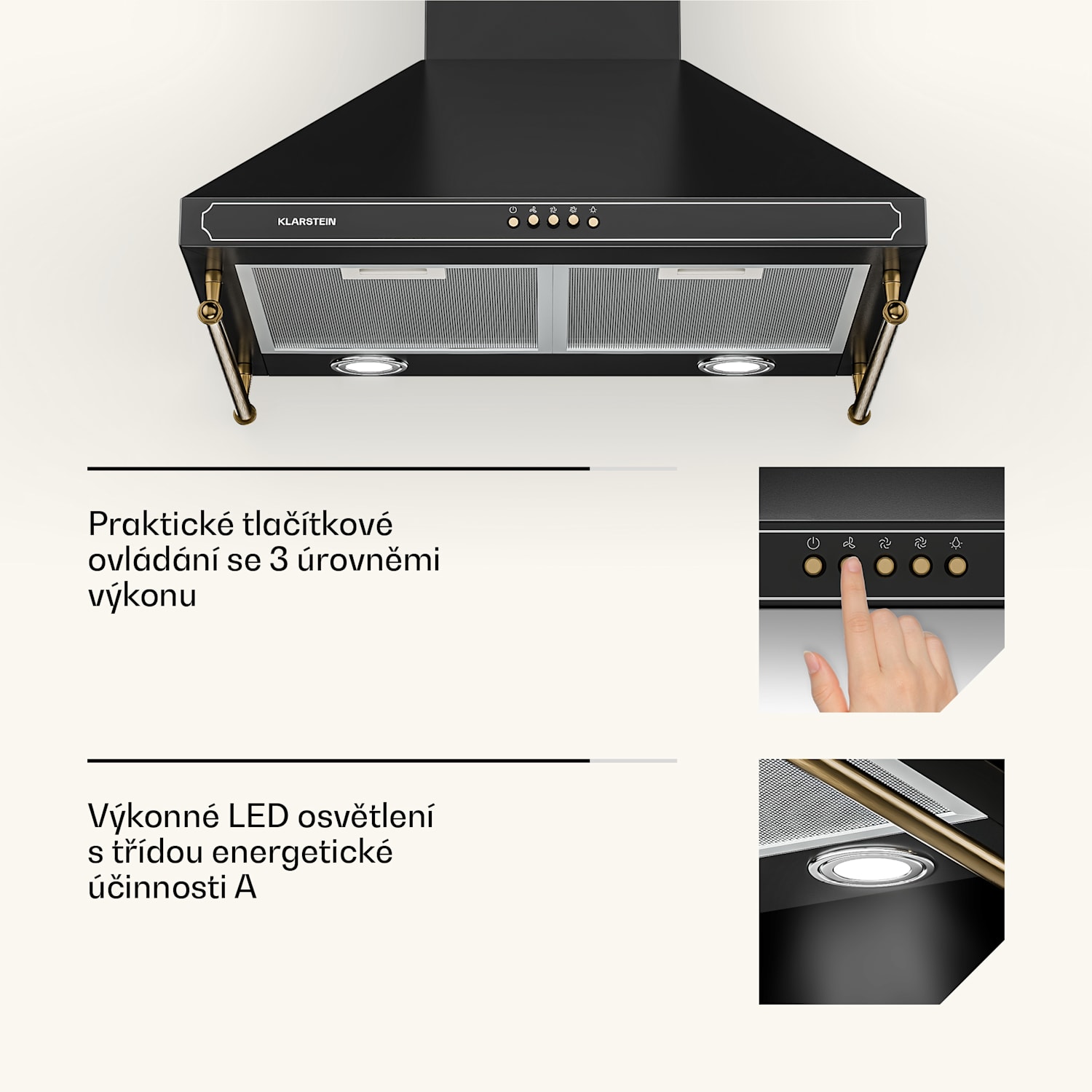 Victoria, digestoř, 60 cm, nástěnná, 644,5 m³/h, LED, retro design, černá 