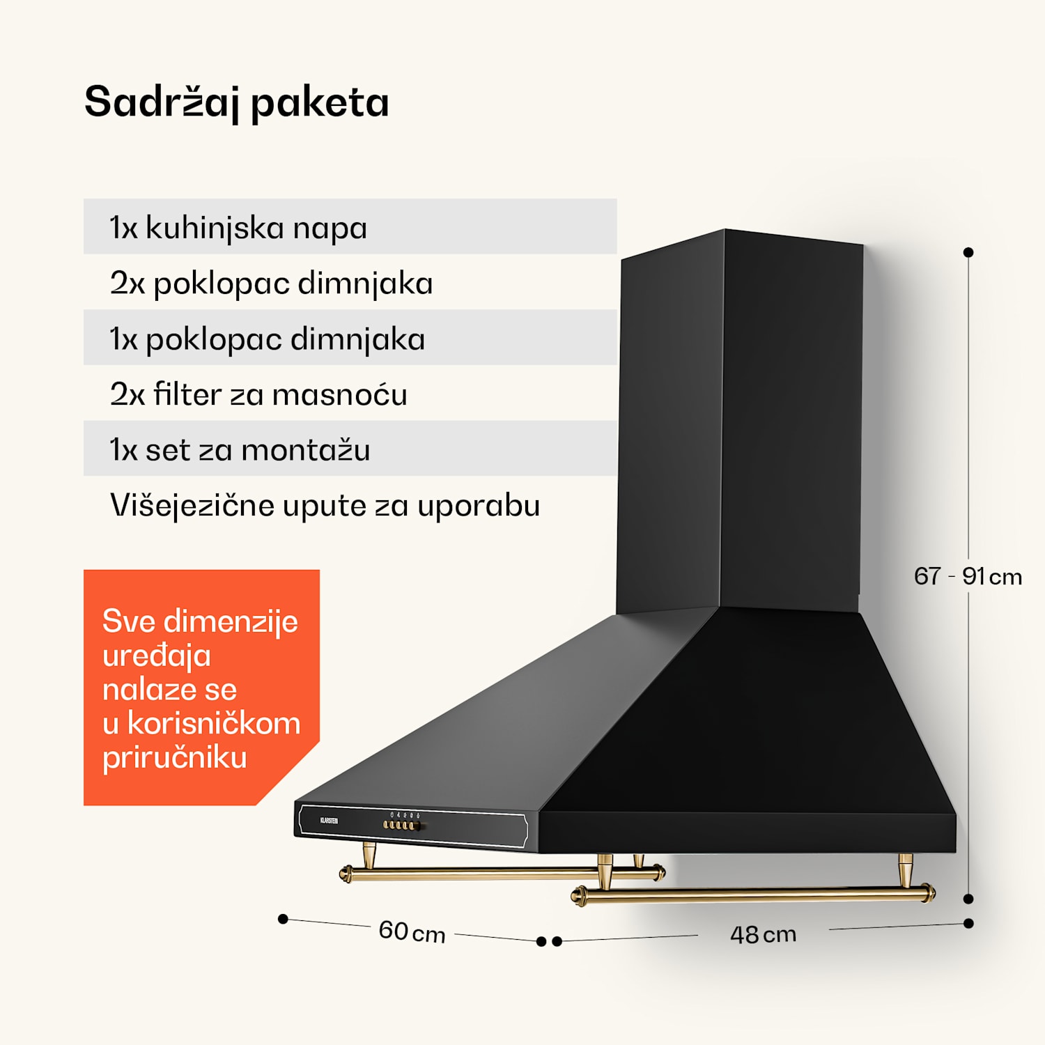 Victoria, napa, 60 cm, retro dizajn, 644,5 m³ / h, 2 LED svjetla 60 cm | Crna