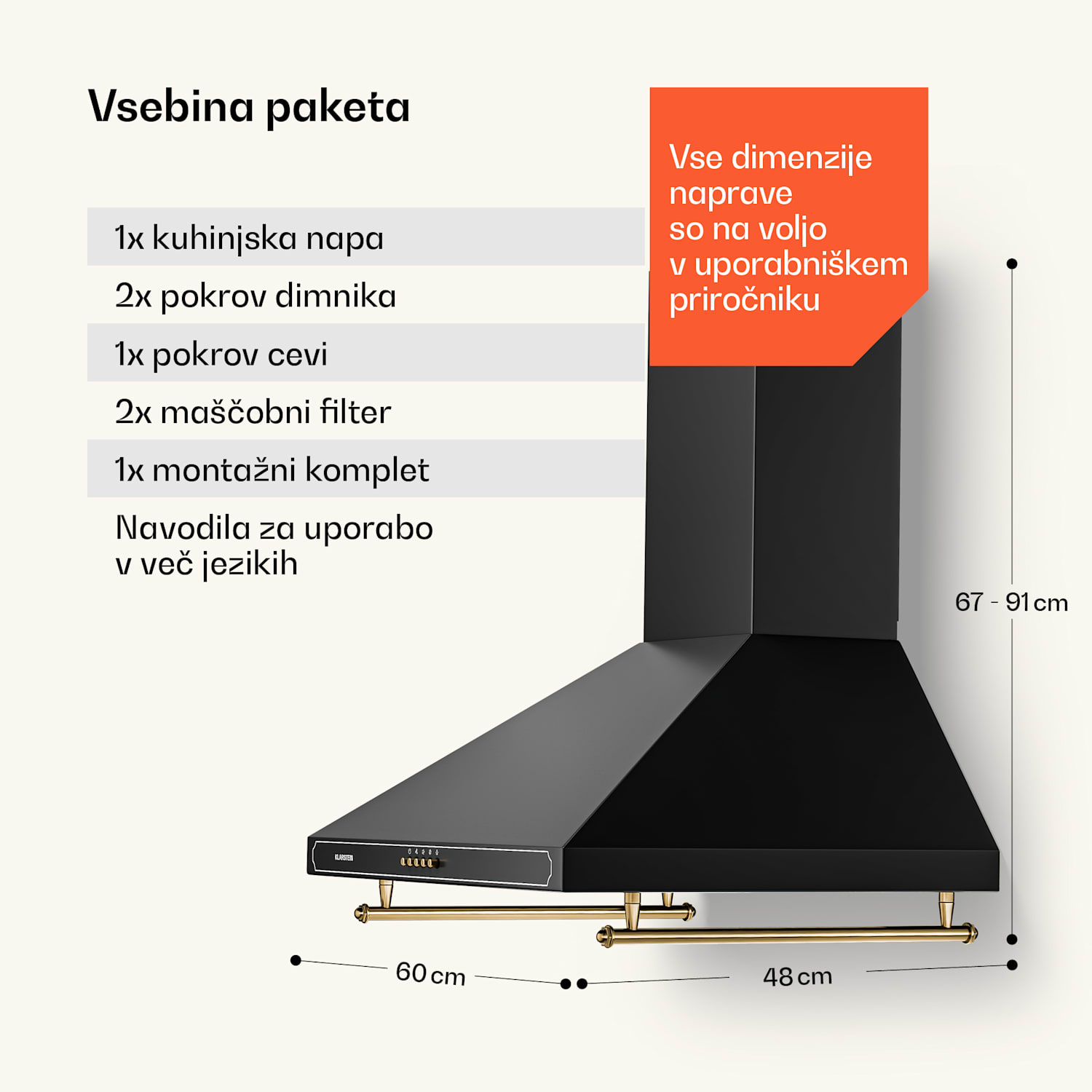 Victoria, napa, 60 cm, retro oblika, 644,5 m³/h, 2 LED luči 60 cm | Črna