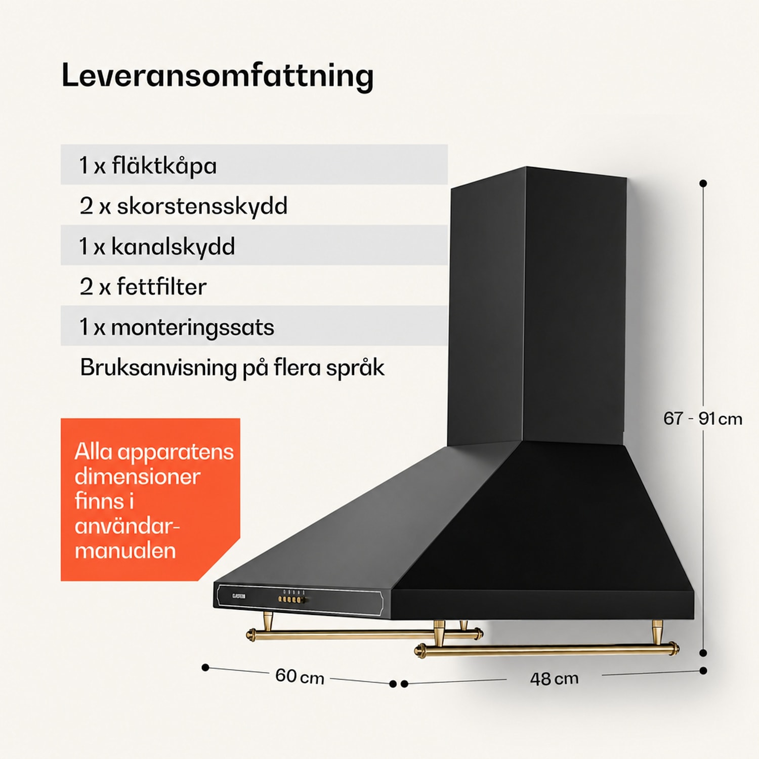 Victoria Köksfläkt 60cm retrodesign 644.5m³/h 2 LED-lampor 