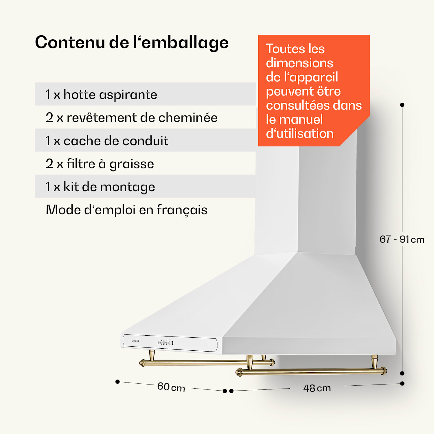Victoria afzuigkap 60 cm retro design 644,5 m³/h 2 ledlampen 60 cm | Wit