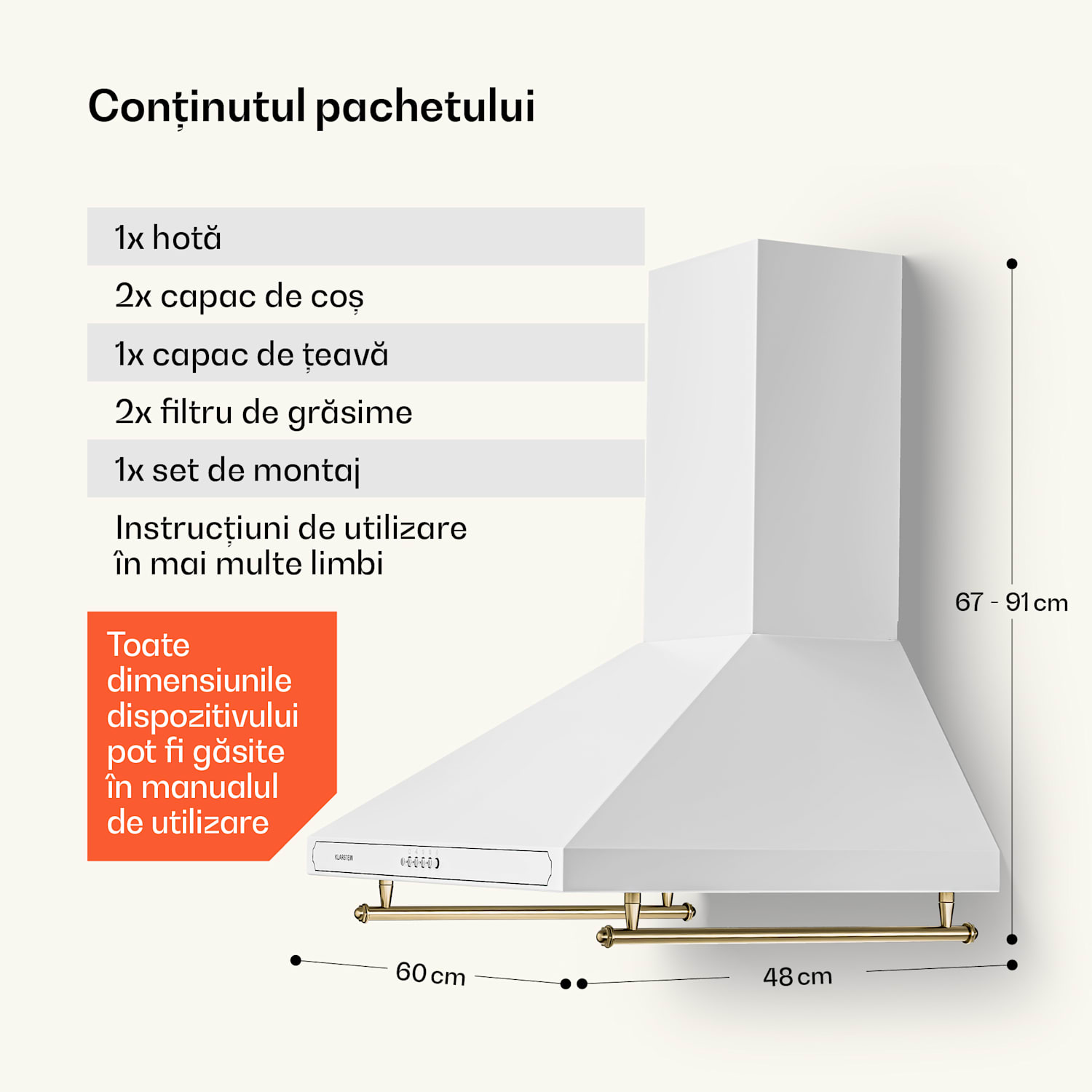 Victoria, hotă extractoare, 60 cm, design retro, 644,5 m³ / h, 2 lumini LED 60 cm | Alb