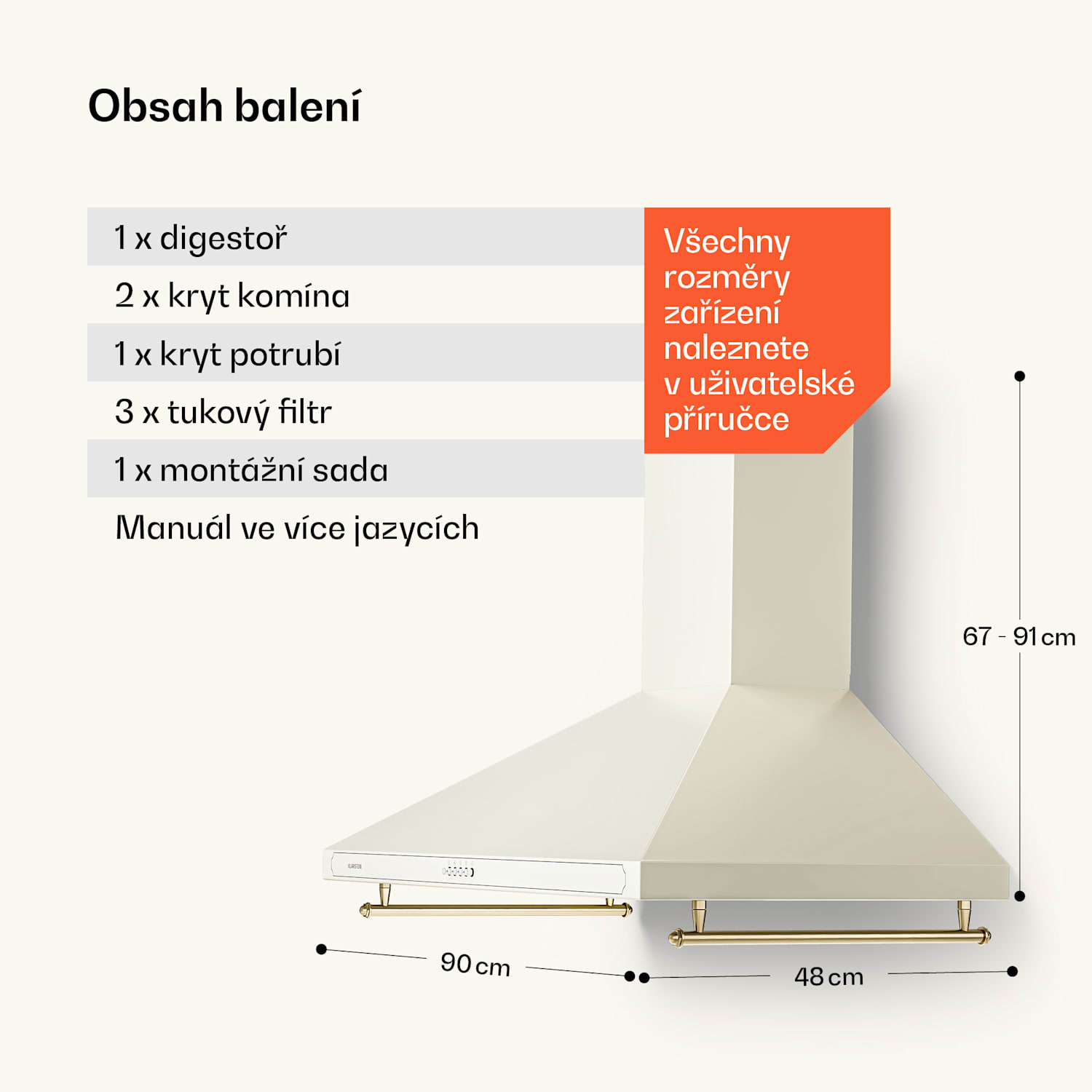 Victoria 90, digestoř, 90 cm, nástěnná, 644,5 m³/h, LED, retro design, slonovina 
