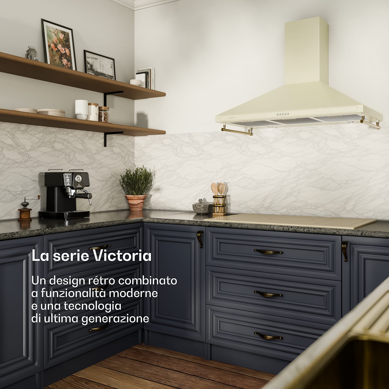 Victoria 90 - Cappa aspirante, 90cm, design rétro, 644,5 m³/h, 2 lampade a LED 90 cm | Crema vintage