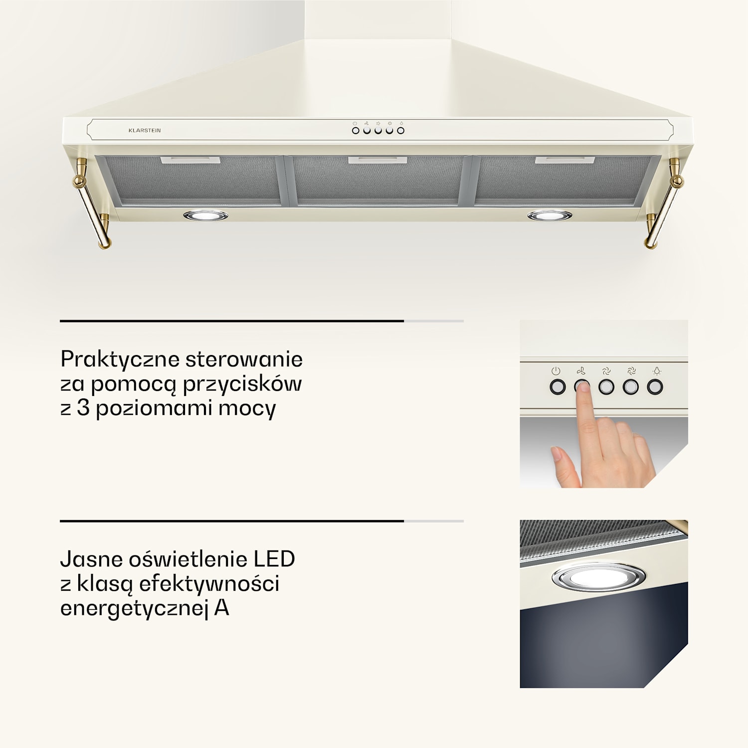 Victoria 90, okap kuchenny przyścienny, w stylu retro, 90 cm, 644,5 m³/h, 2 lampki LED 90 cm | Vintage Krem